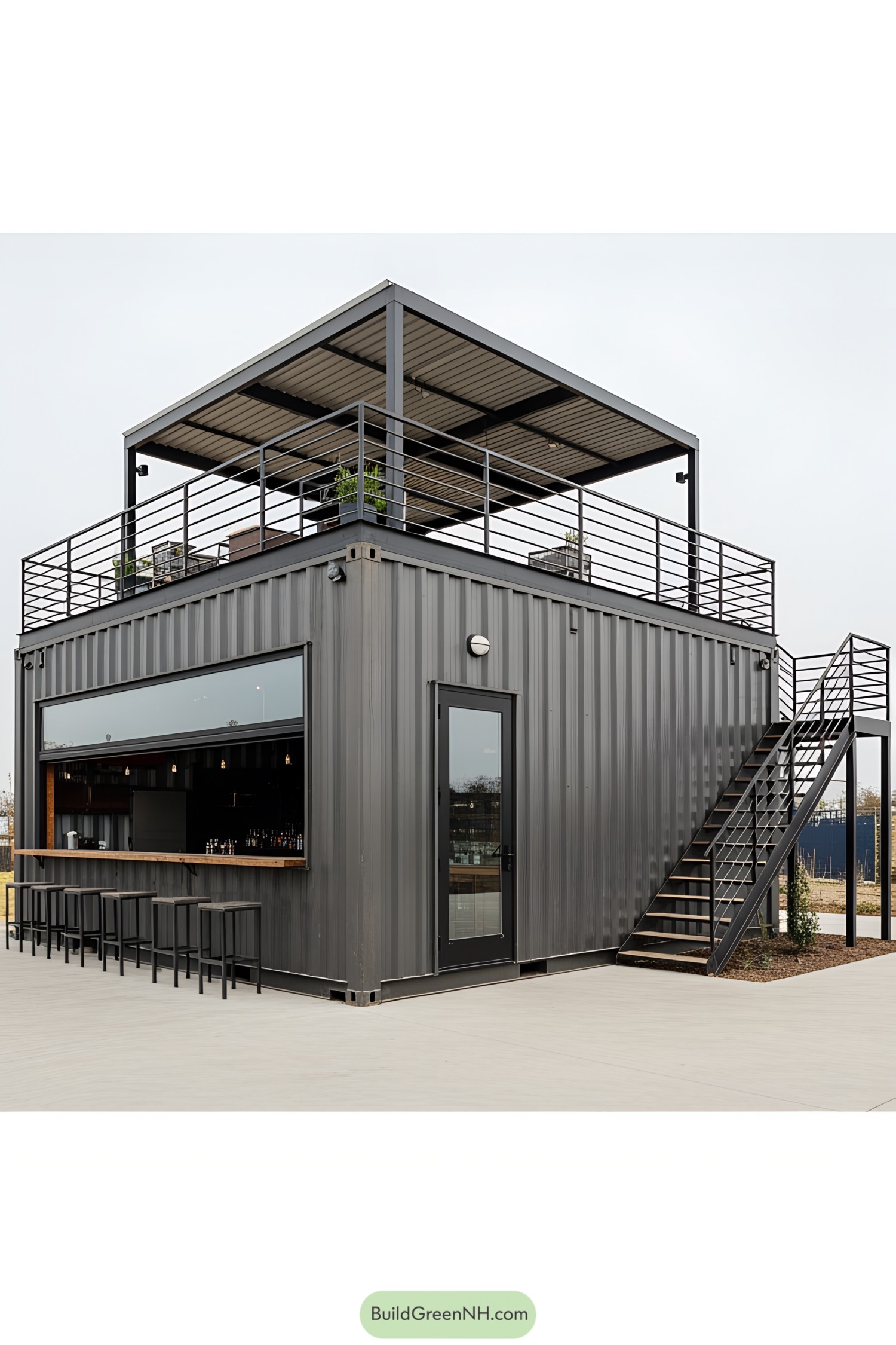Shipping container bar with rooftop seating