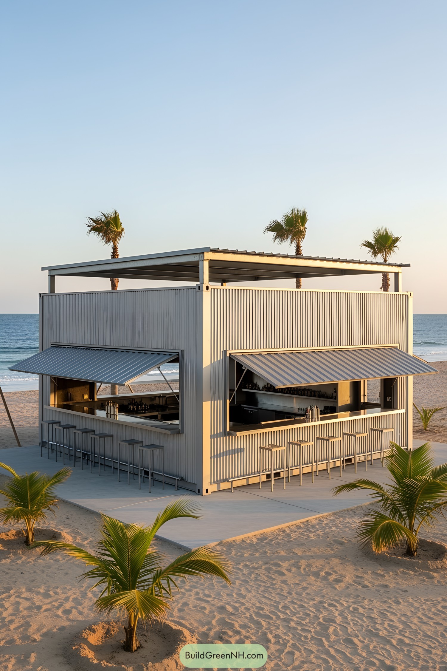 Container bar on a sandy beach with palm trees