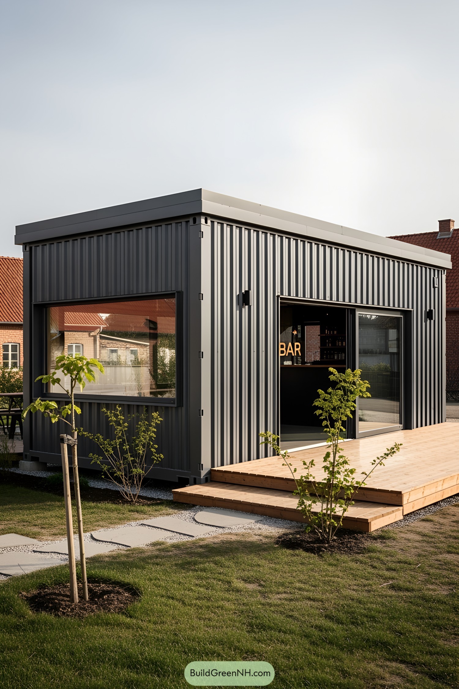 Shipping container bar with large windows and a wooden deck