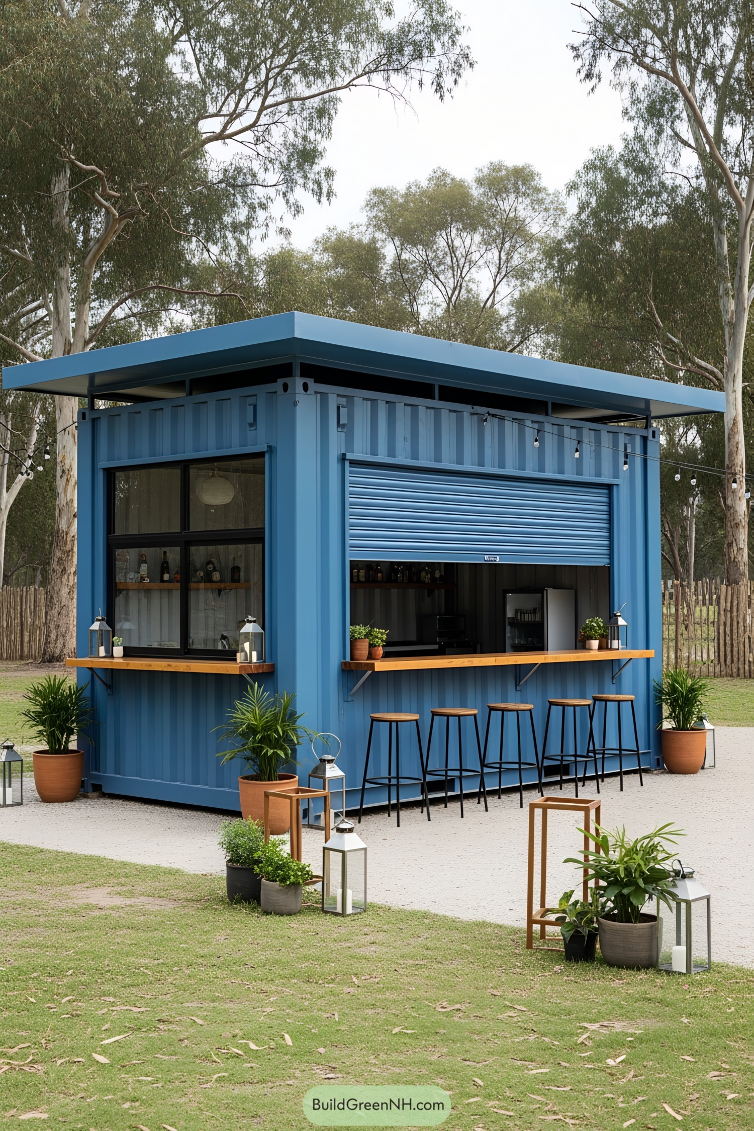 Blue shipping container bar with stools