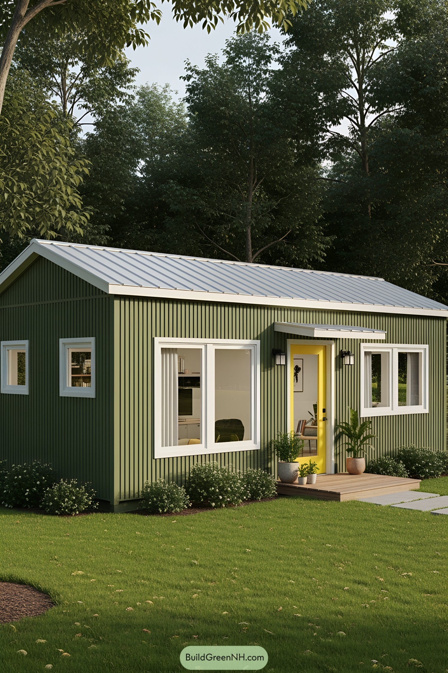 Compact green container office with vibrant yellow door in a forest setting