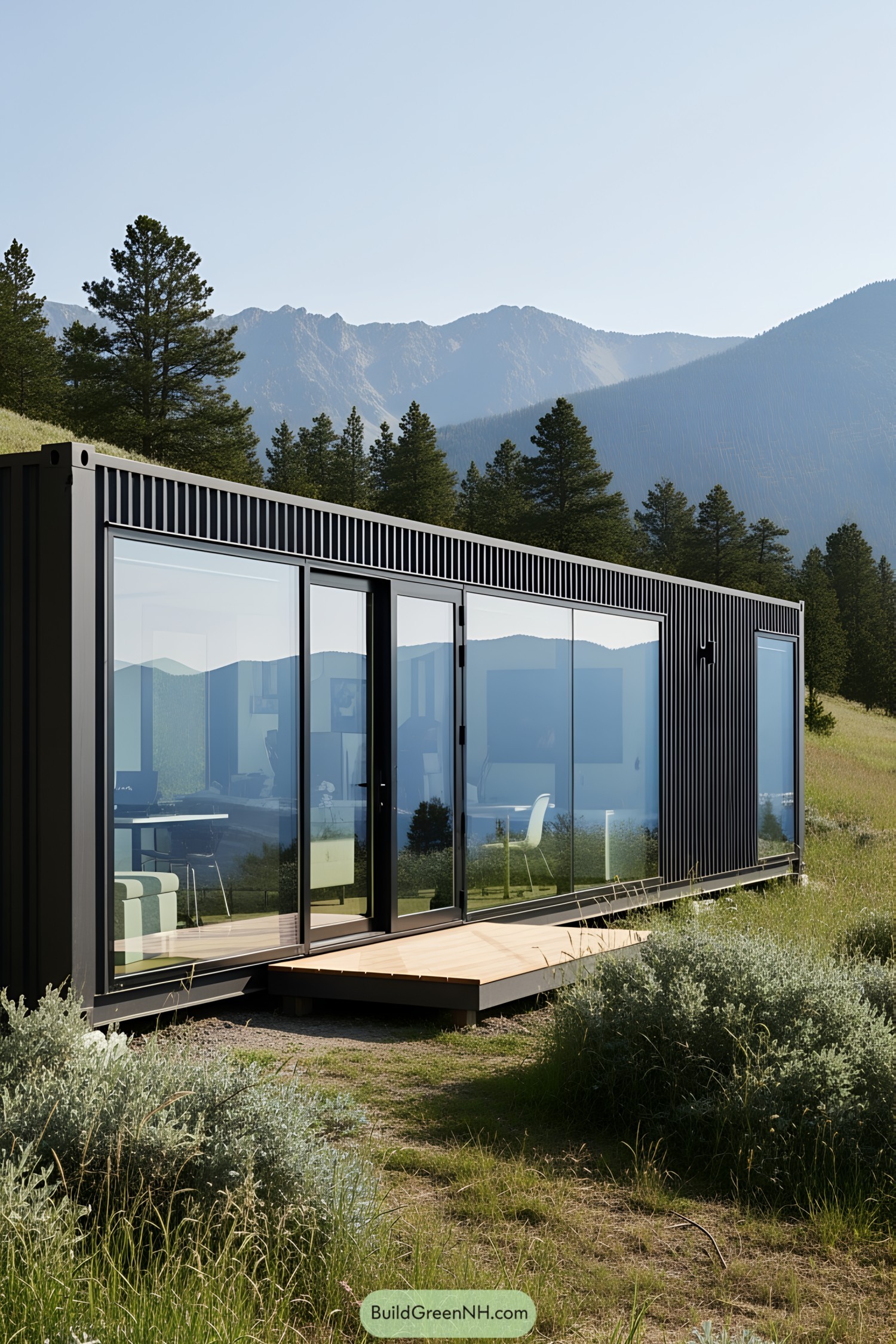 Sleek office container with large glass windows in a grassy landscape