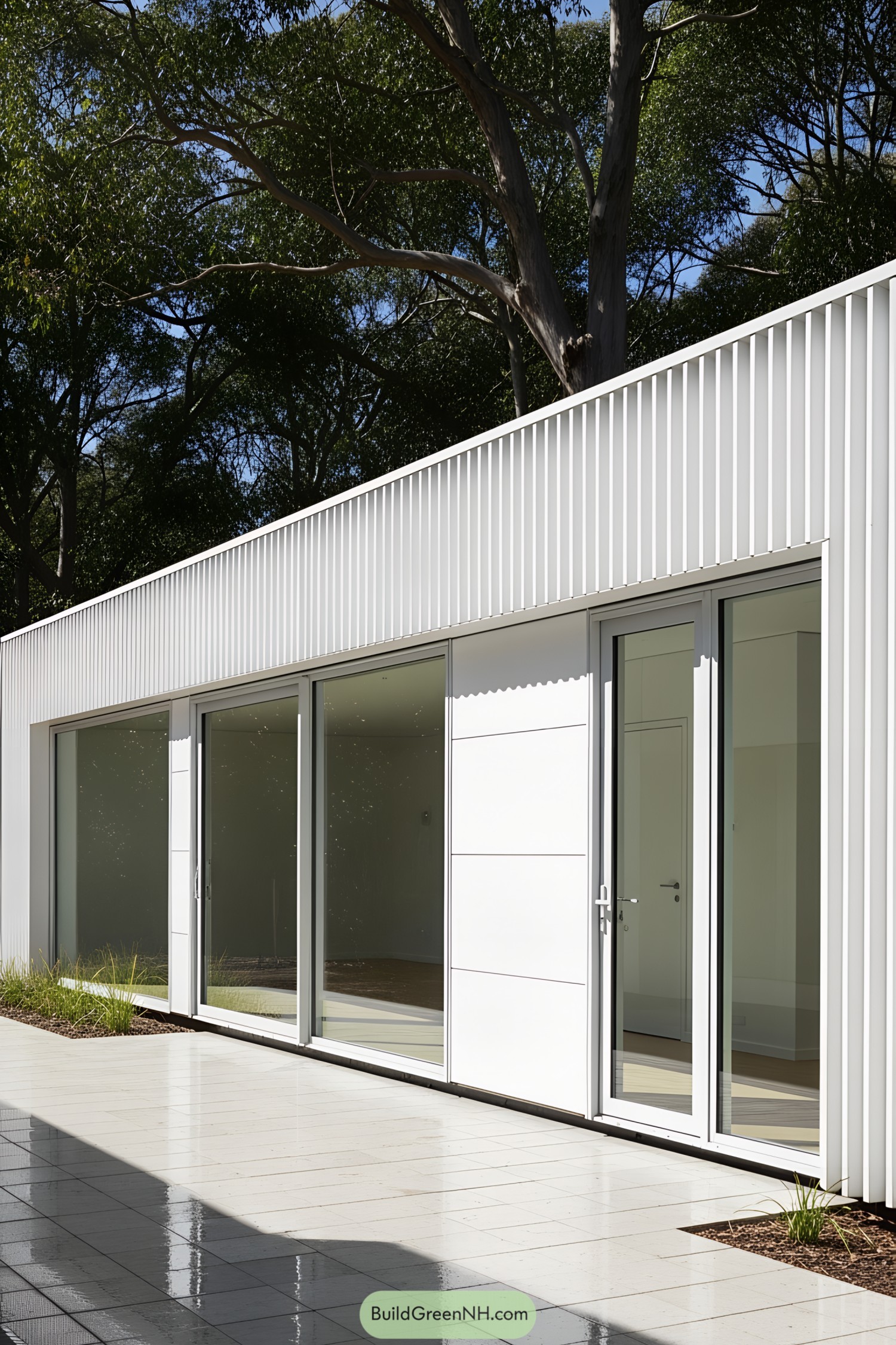 White container office with large glass doors and windows