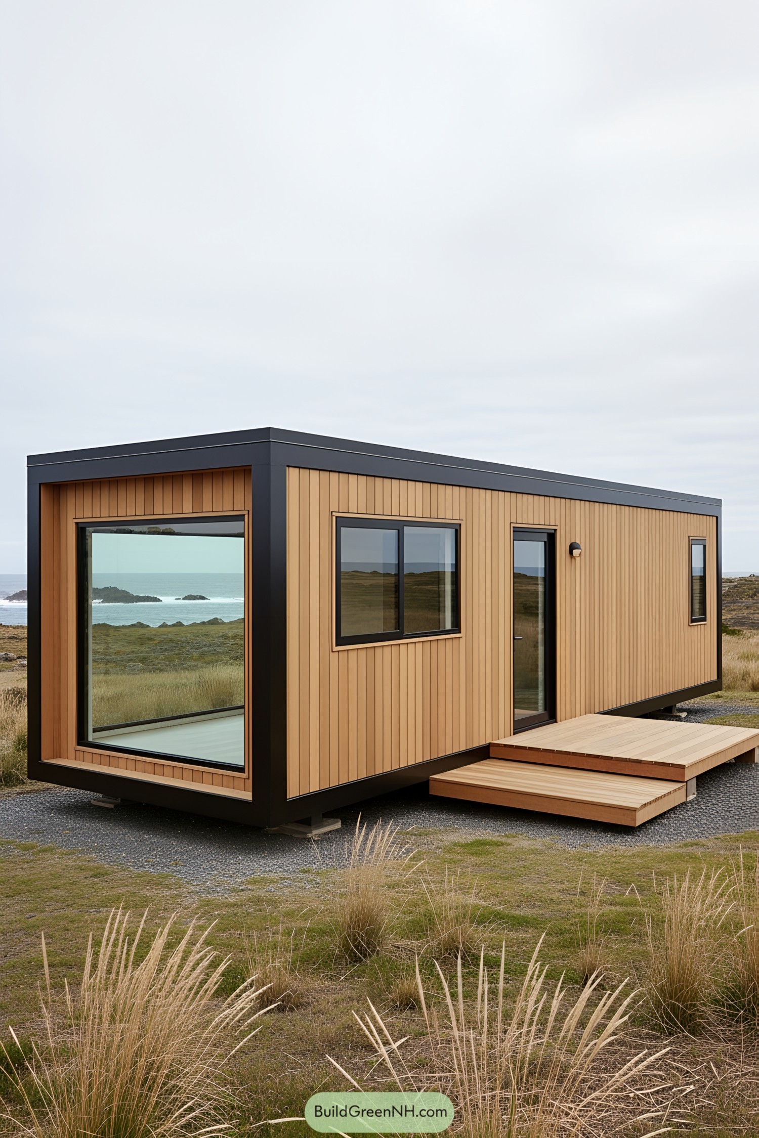 Wooden container office with large glass windows in a grassy landscape