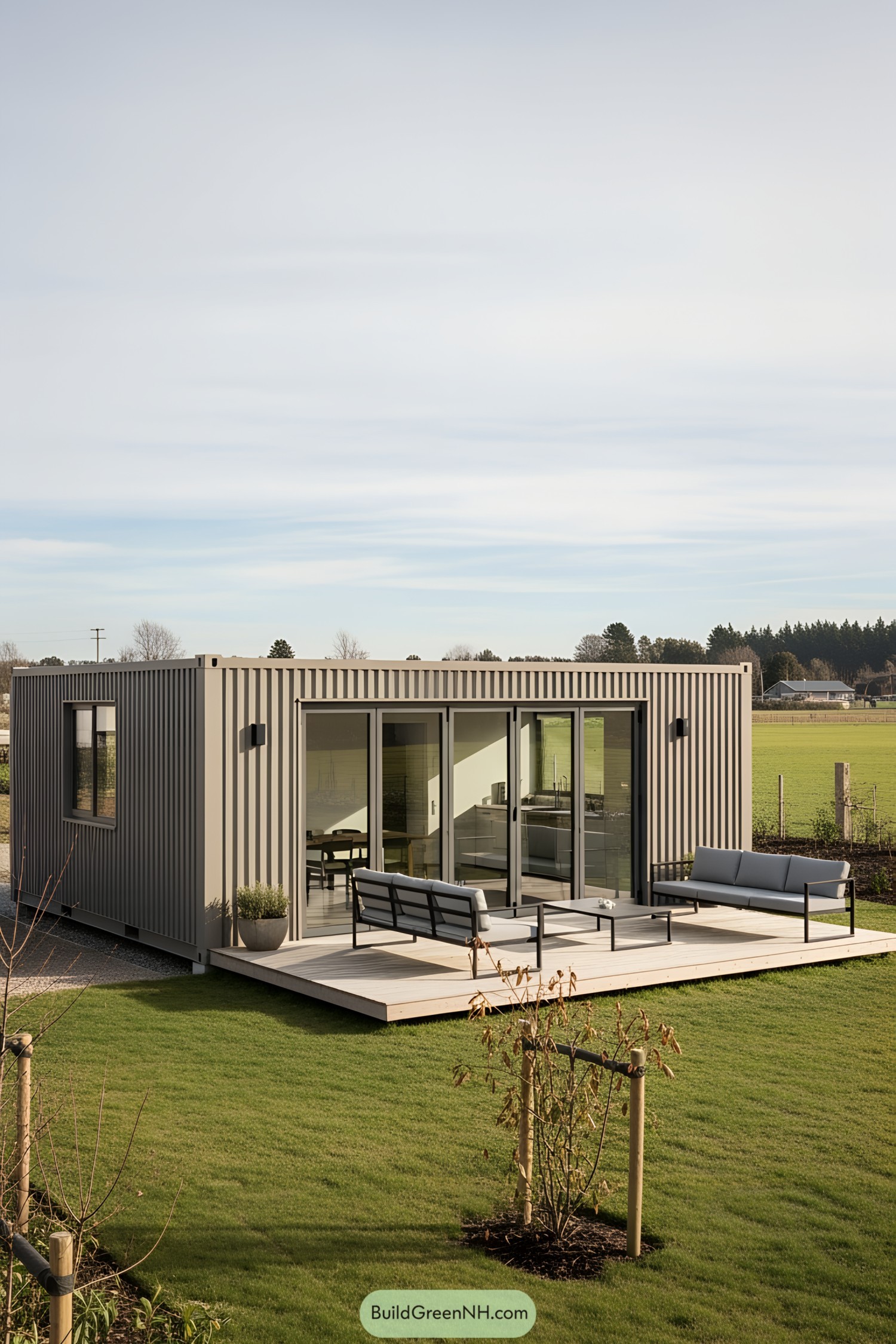 Modern container office with a patio in a green setting