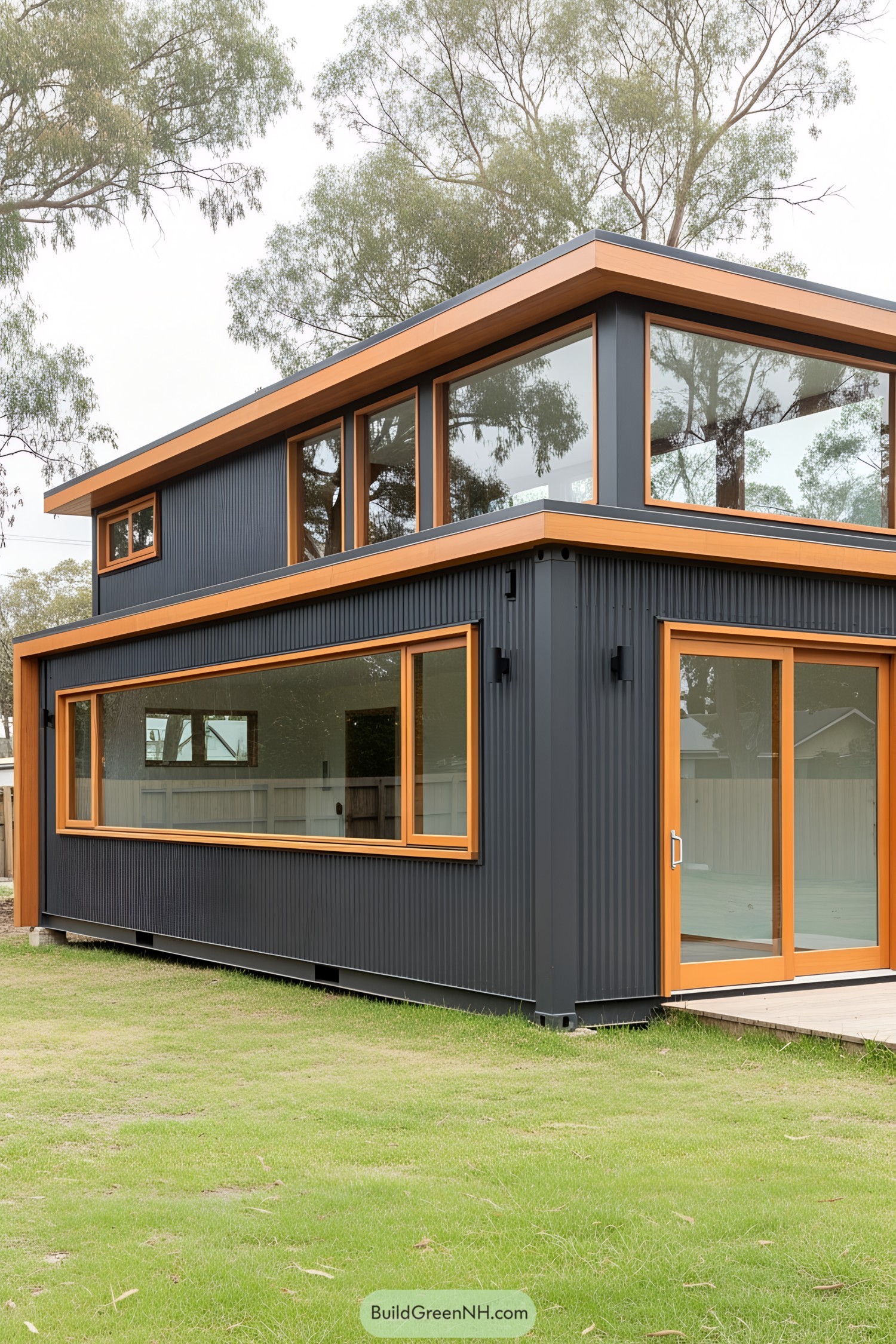 Modern container office with large windows and wooden trim