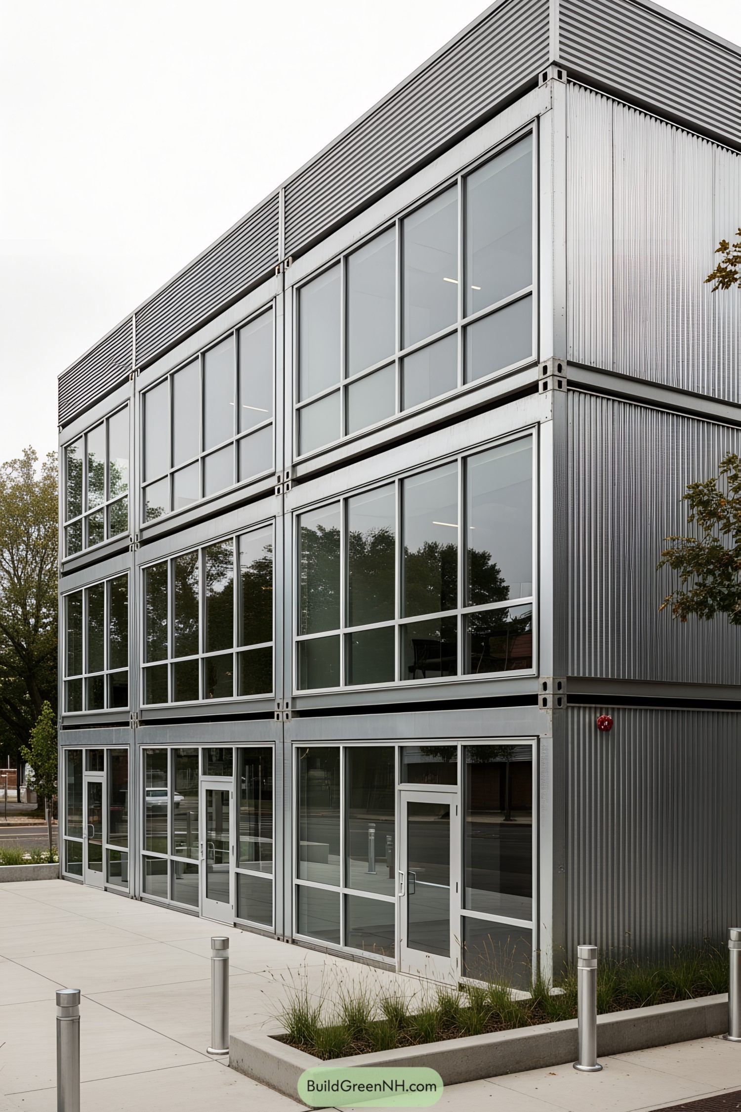 Sleek steel container office with large windows
