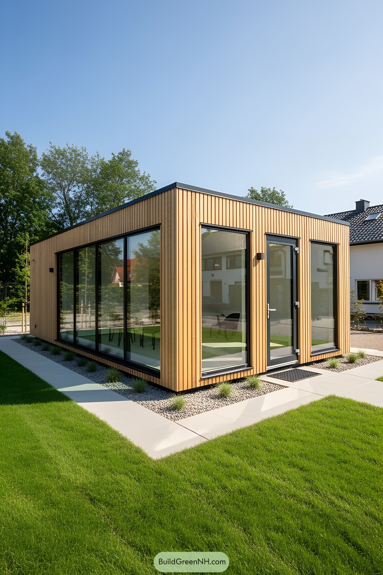 Wood-paneled, glass-fronted container office