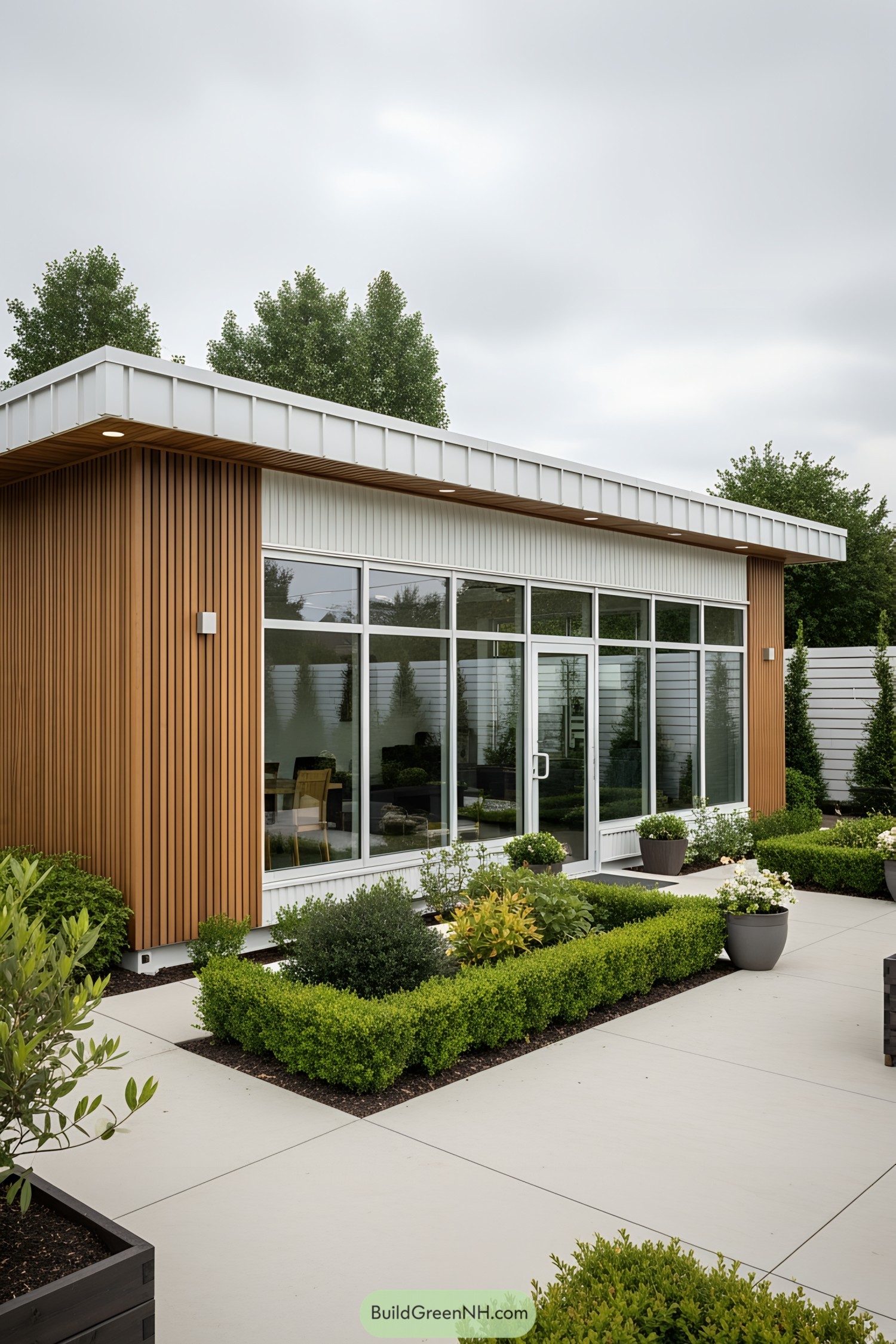 Stylish container office with a wooden facade and large windows