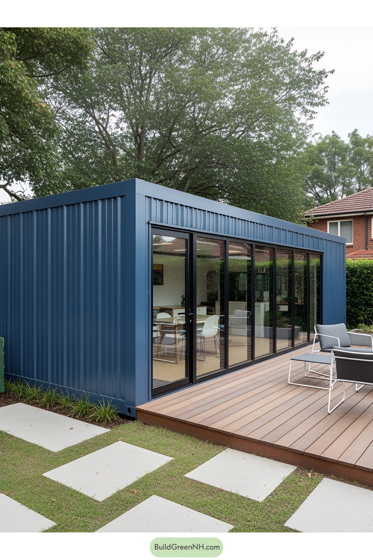 A blue container office with glass doors and a wooden deck