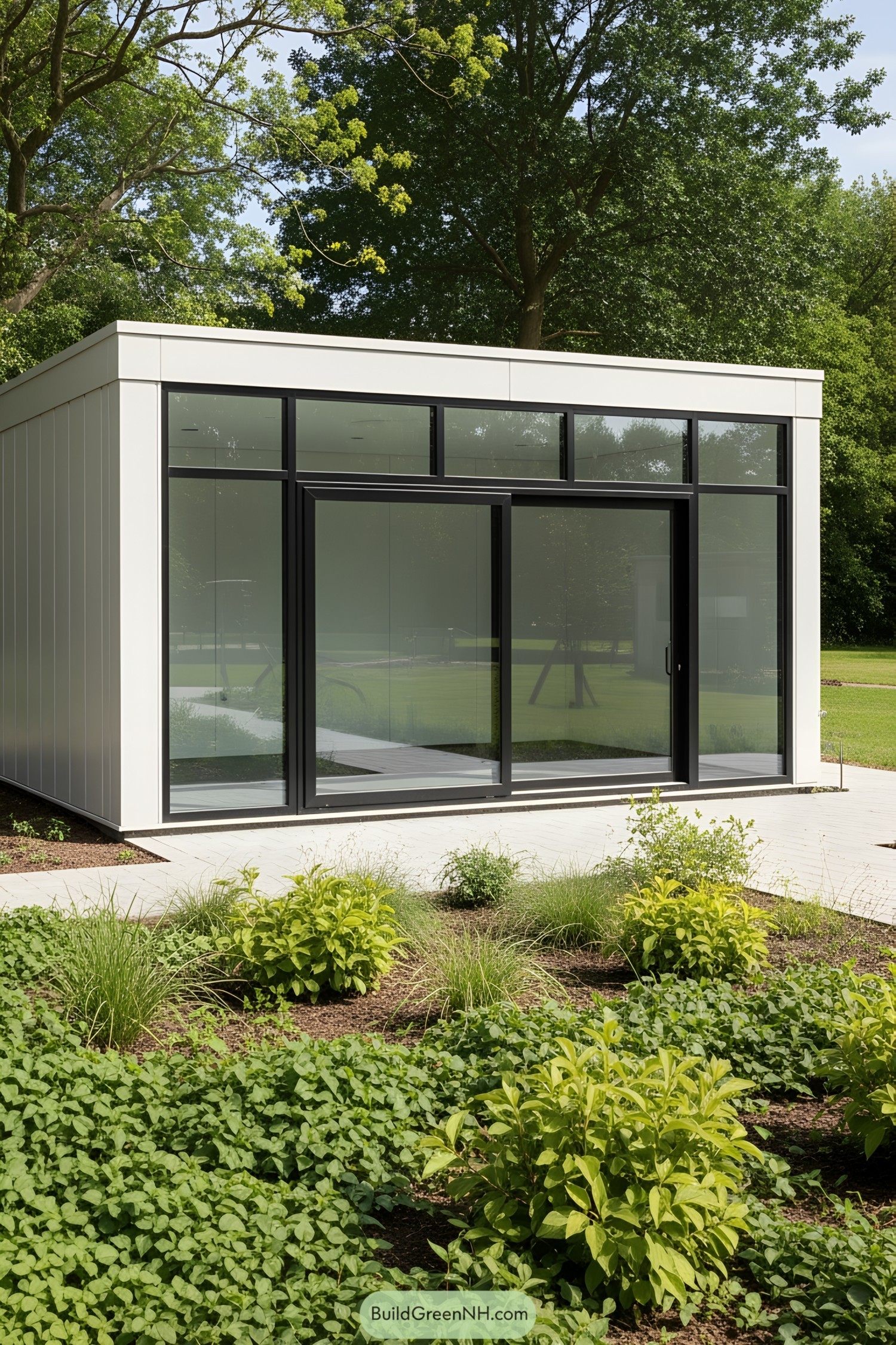 Sleek container office with large windows and greenery