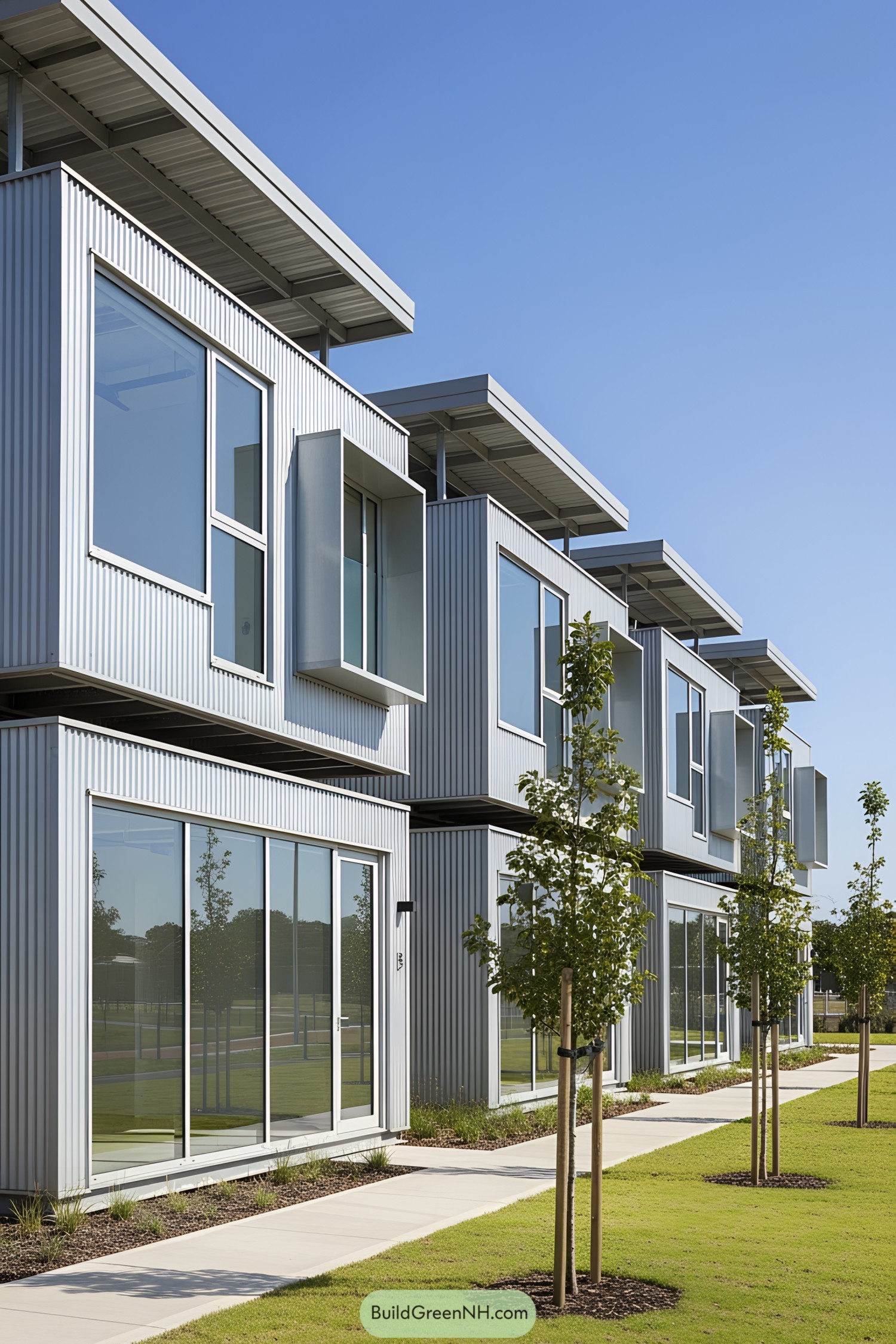 Contemporary container office with metal cladding and large windows