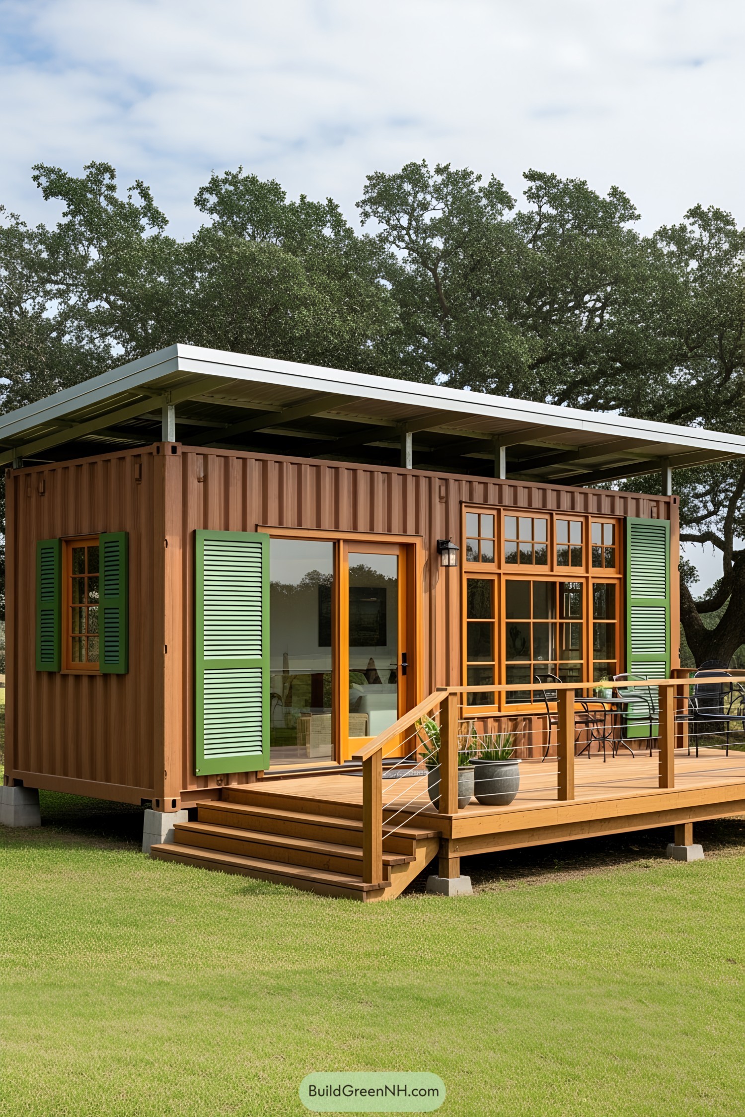 Shipping container office with green shutters and wooden deck
