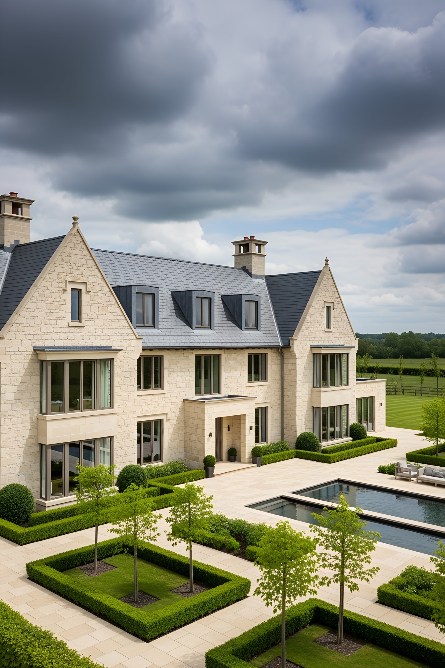 Manor house with a manicured garden and pool