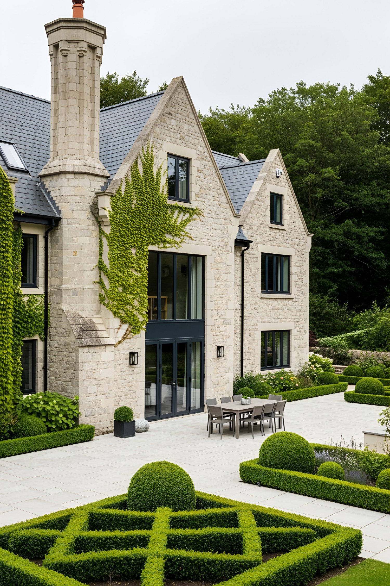 Elegant stone manor with lush greenery and geometric gardens