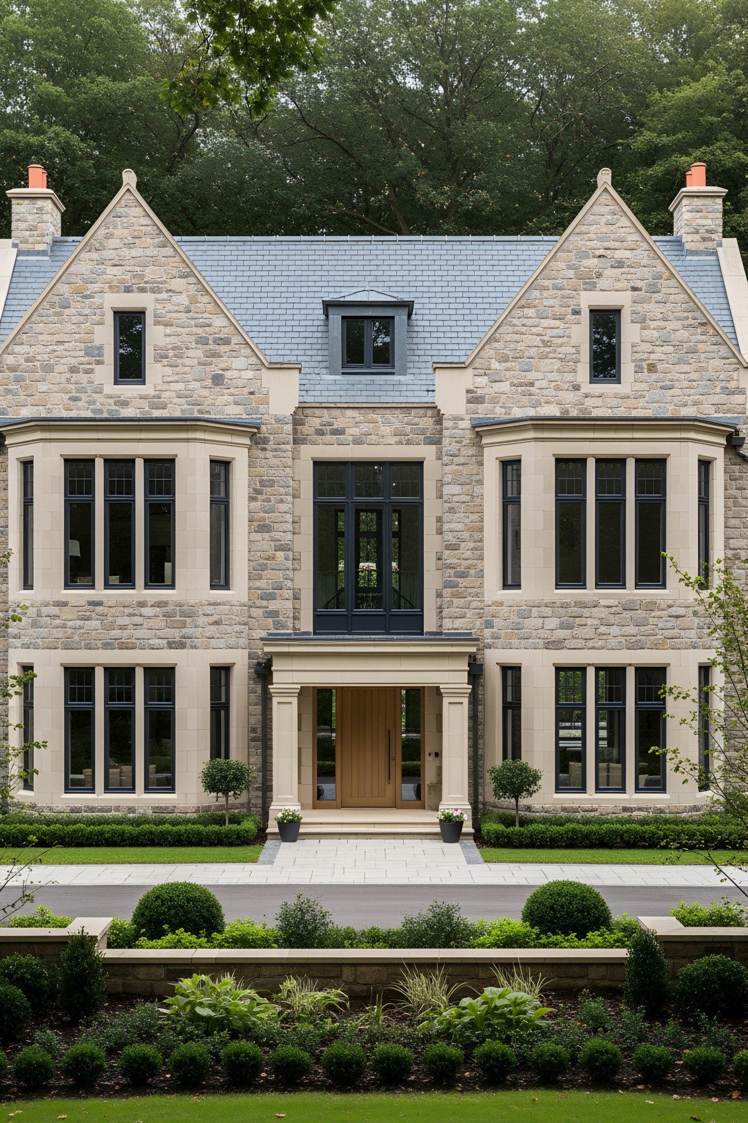 Stone manor house with lush garden and forest backdrop