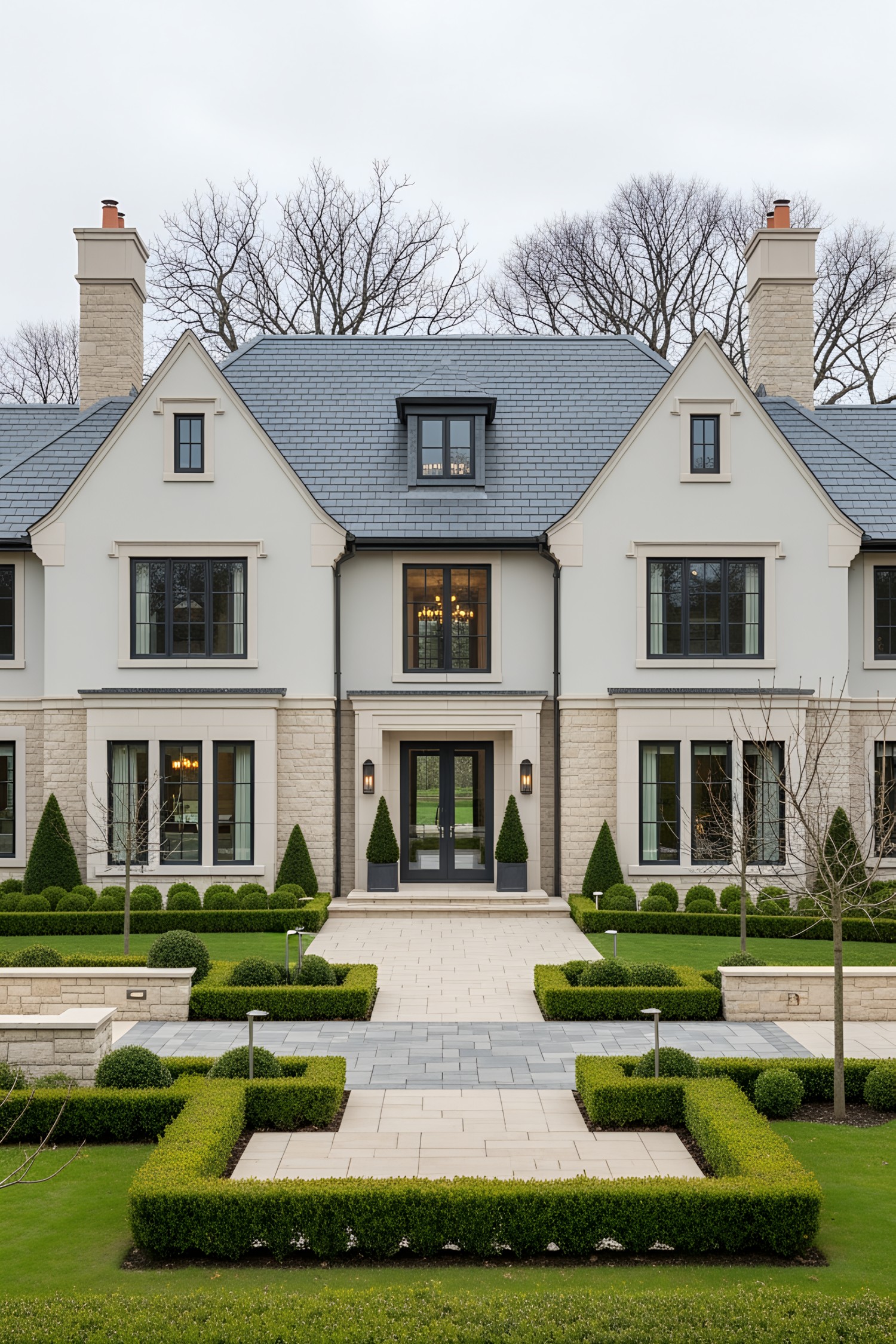 Elegant country manor with manicured gardens and classic architecture