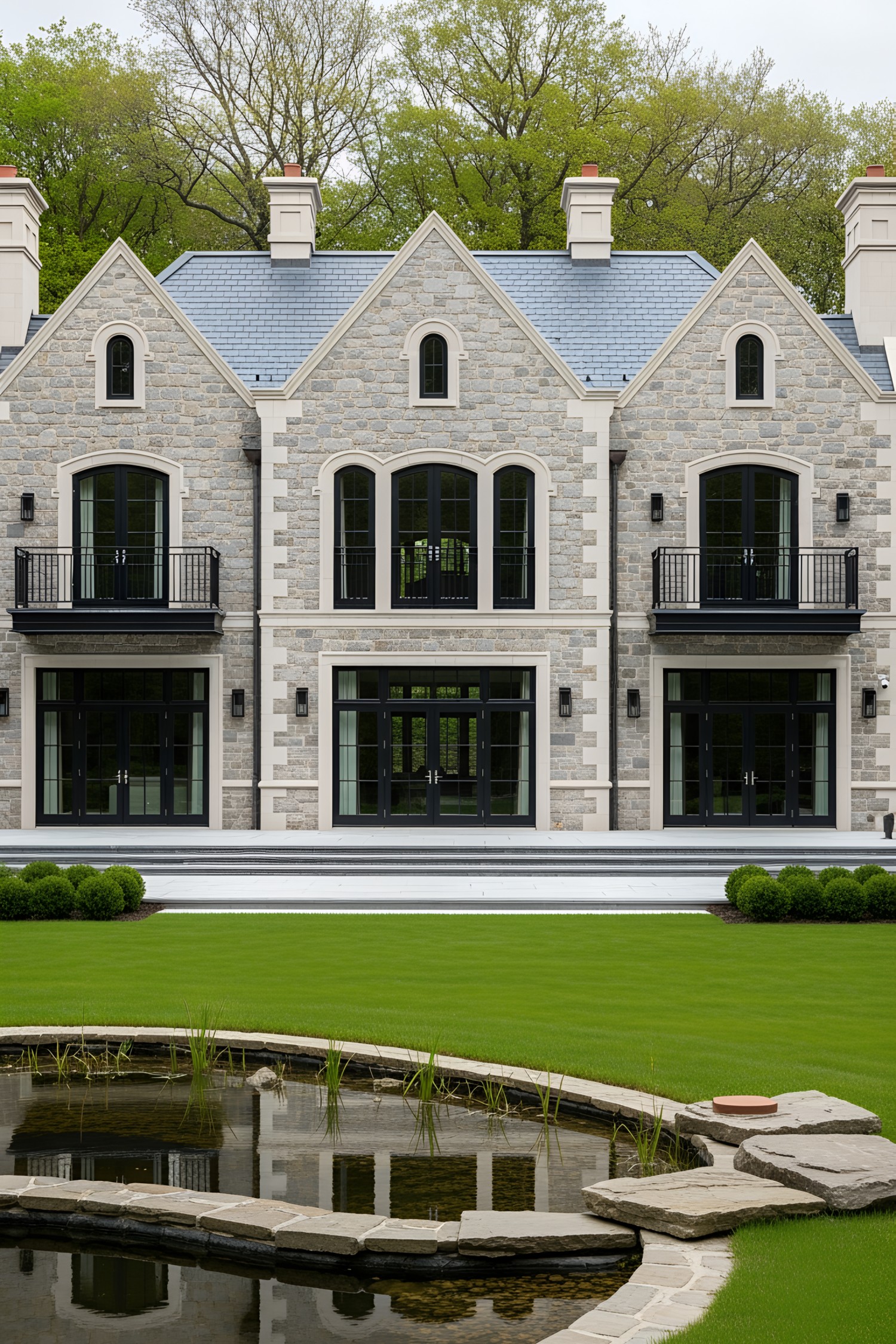 Elegant manor house with stone exterior and large windows