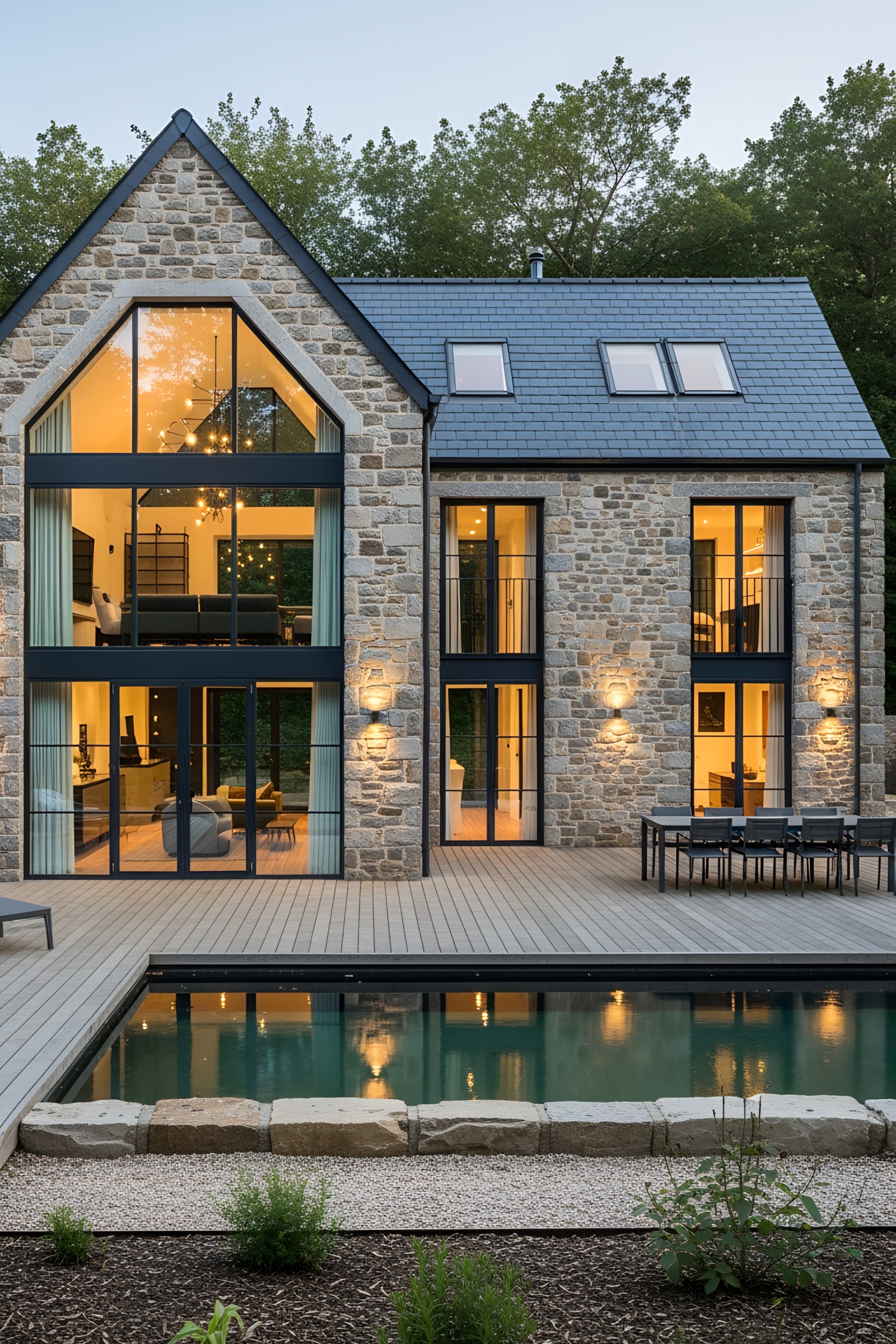 Stone manor with large windows and a pool