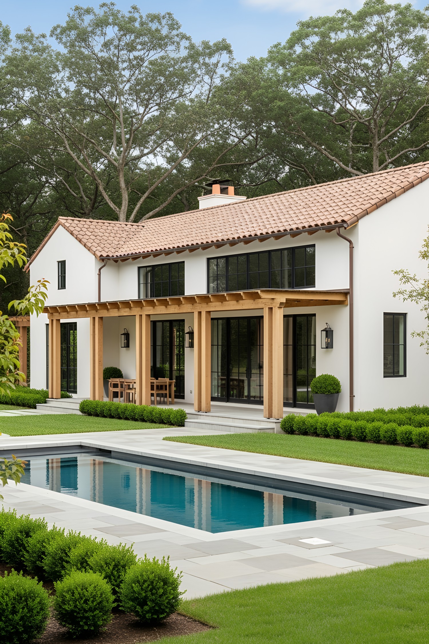 Contemporary farmhouse with wooden beams and a sleek pool