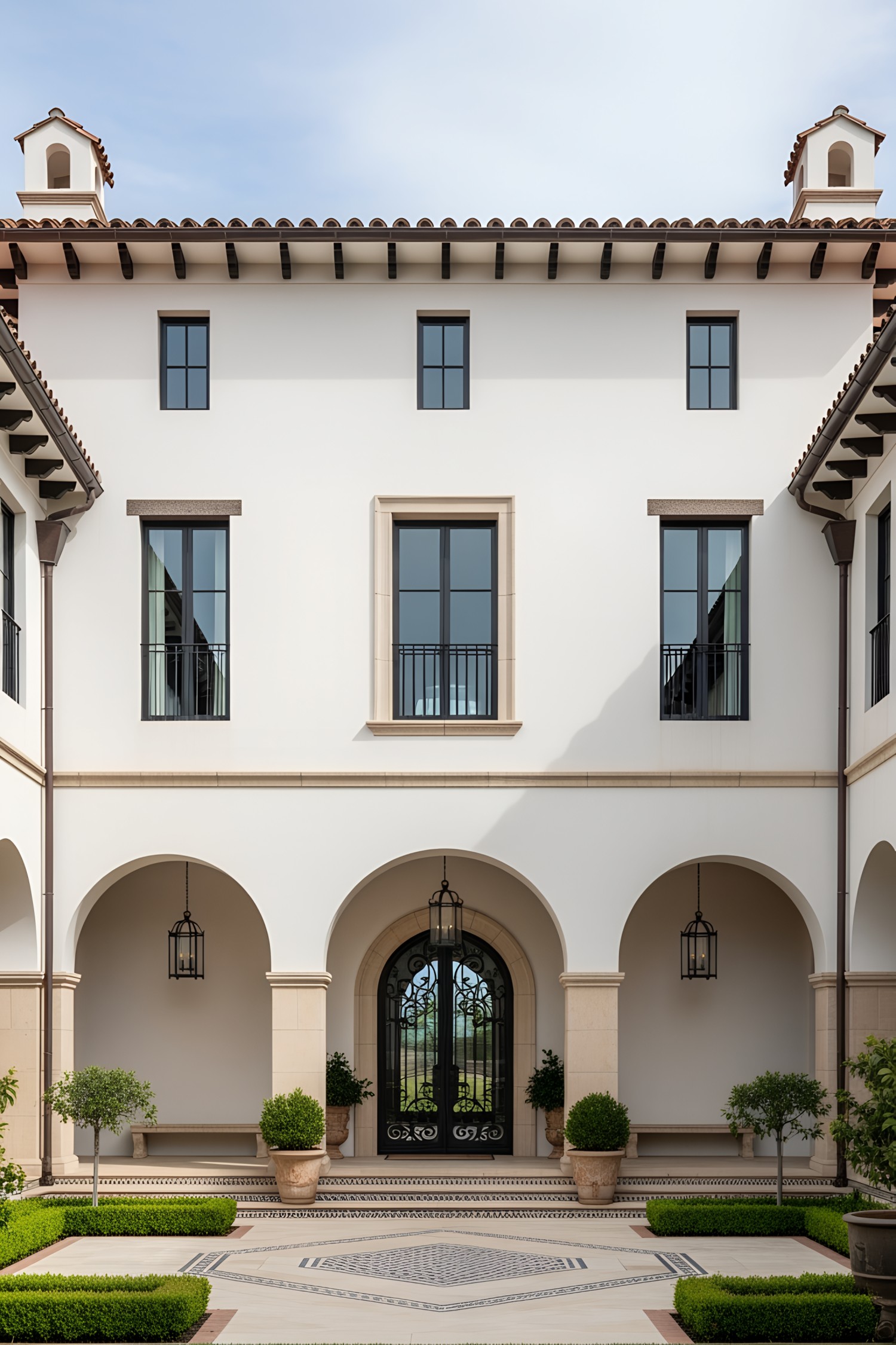 Elegant Spanish farmhouse courtyard with arched entryway