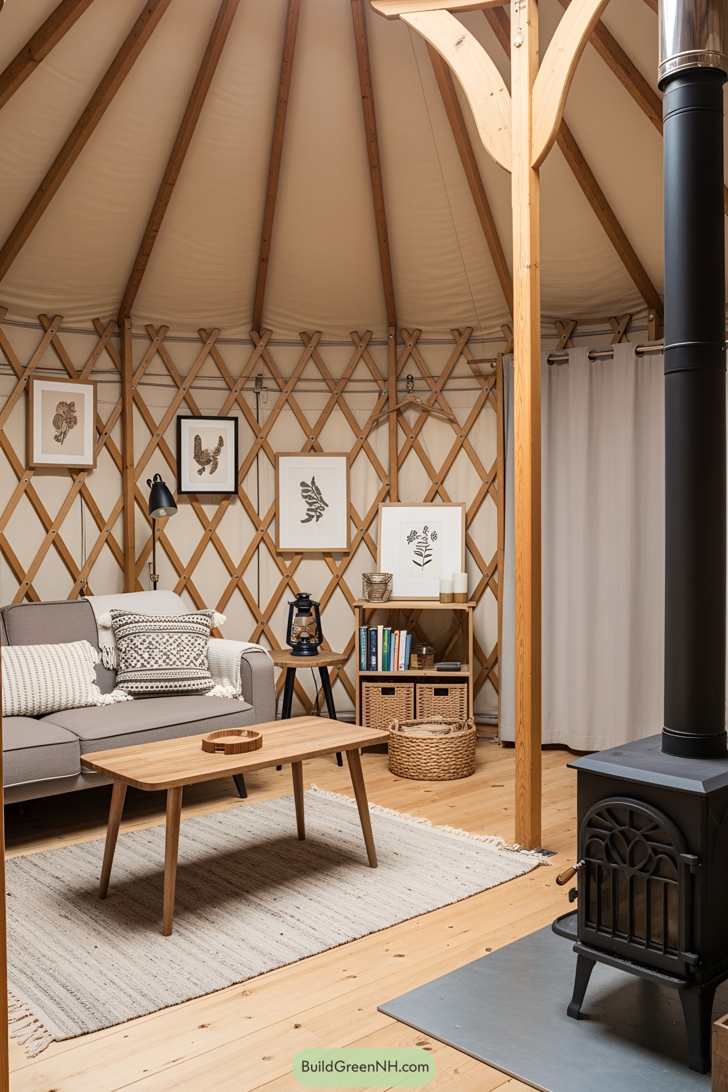 Cozy yurt interior with rustic accents and wood stove
