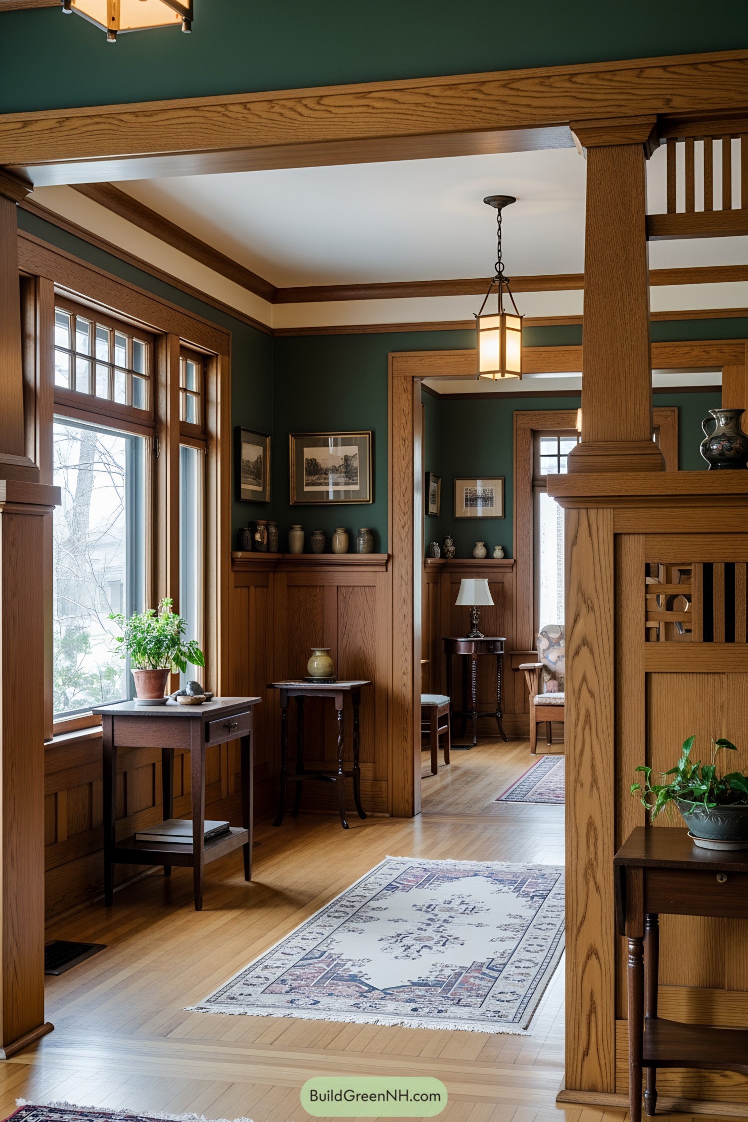 Wood-paneled craftsman interior with green walls and rugs