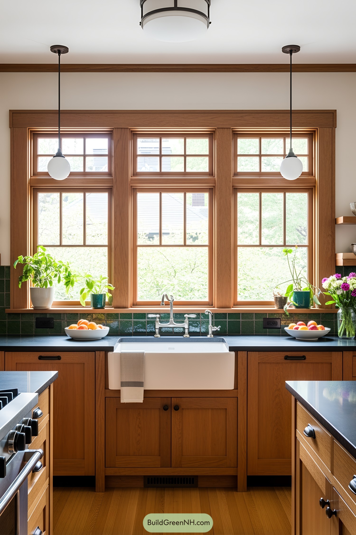 Bright and welcoming craftsman kitchen with wood accents and greenery