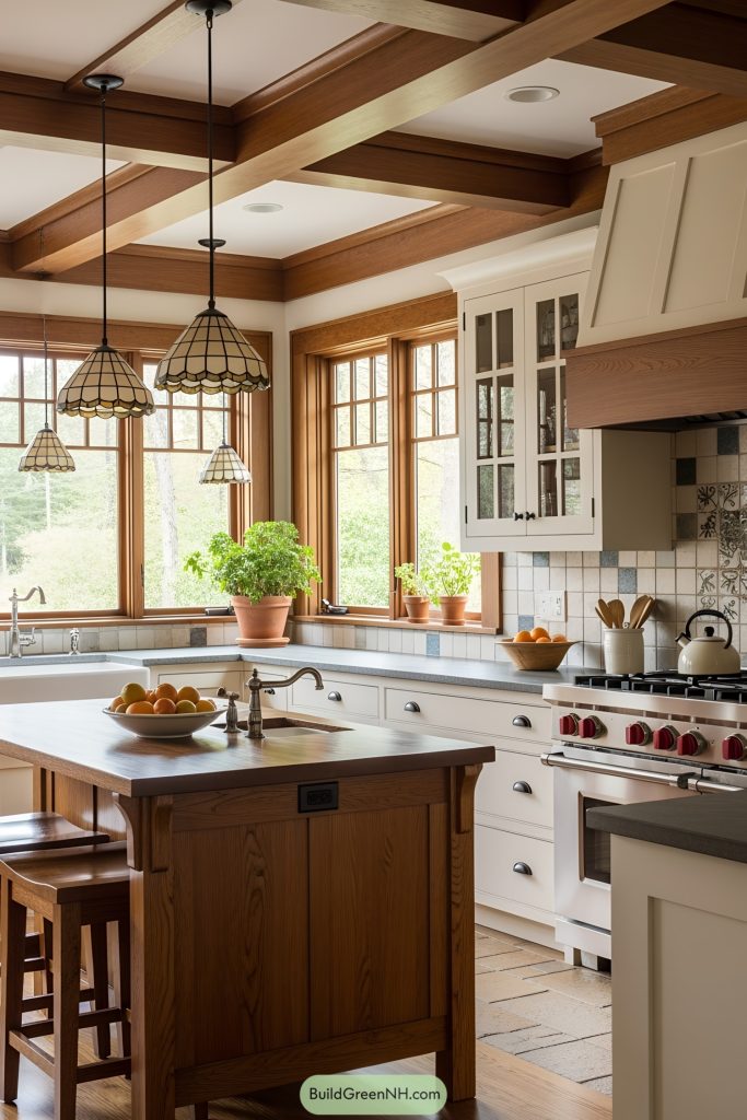 Craftsman Style Kitchen with a warm, inviting aesthetic and a blend of traditional elegance and handcrafted detail. The color theme centers around rich wood tones, creamy whites, and muted earth hues. Architectural details include exposed wooden beams, built-in cabinetry, and distinctive trim work. Walls are typically painted in light neutrals or adorned with artisanal tile backsplashes, while large, divided-light windows welcome ample natural light. Floors are made of hardwood or tile in natural finishes, complementing the ceiling’s visible woodwork. Materials such as natural stone, handcrafted ceramics, and solid wood dominate, while furnishings often include shaker-style cabinets, wooden islands, and vintage-inspired fixtures. Accessories like stained glass pendant lights and subtle iron hardware provide character, with potted greenery placed near windows to enhance freshness. Through the windows, picturesque garden or wooded views create a tranquil connection to nature.