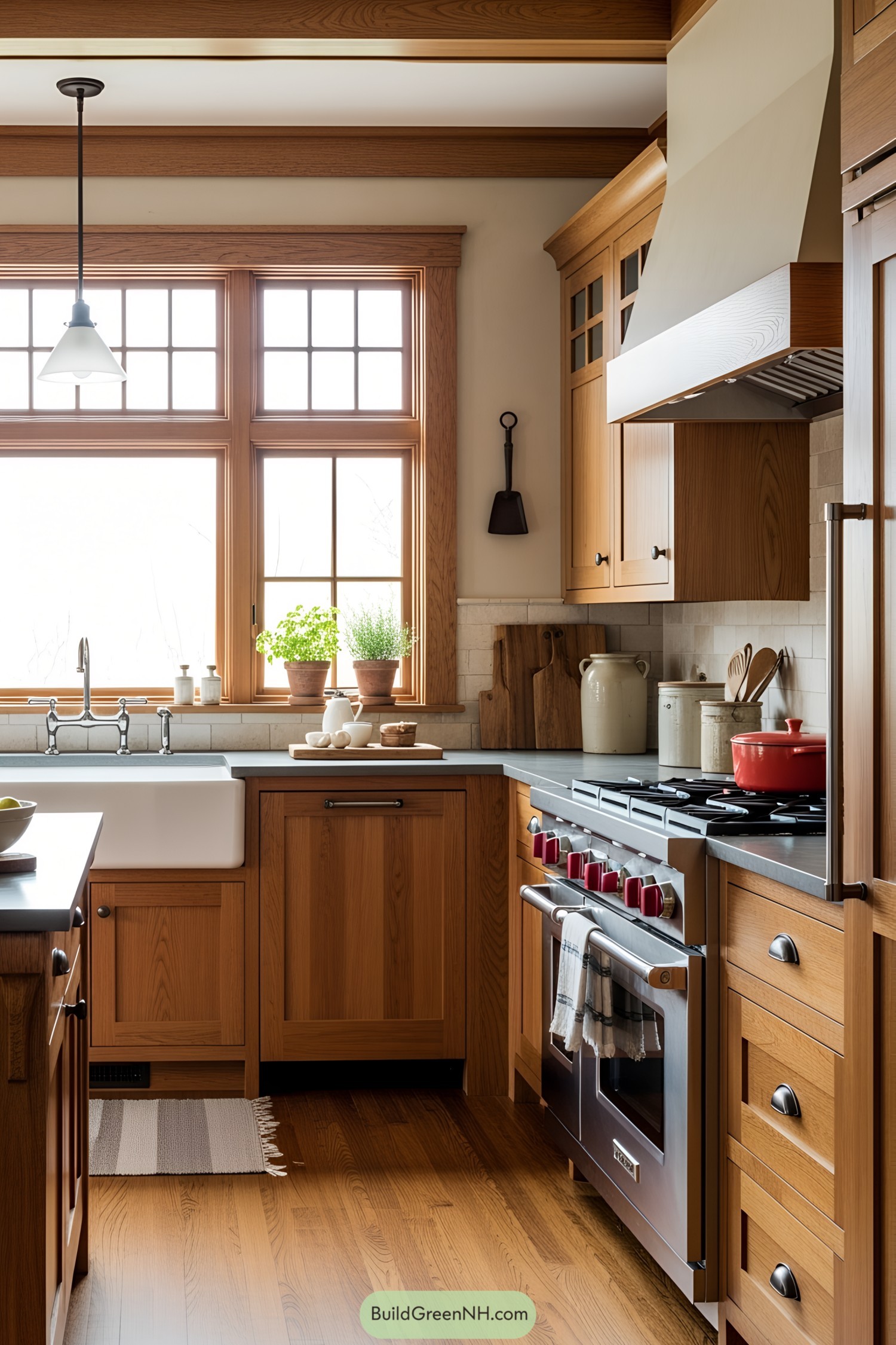 Warm-toned craftsman kitchen with wooden cabinets and large windows