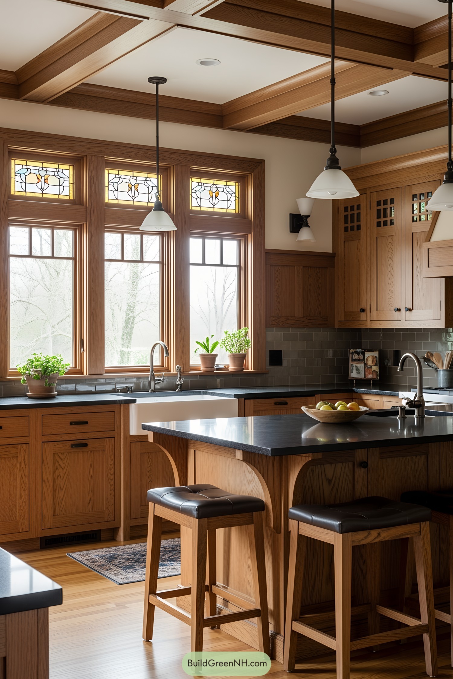 Wooden counters and stools with stained glass windows in a kitchen