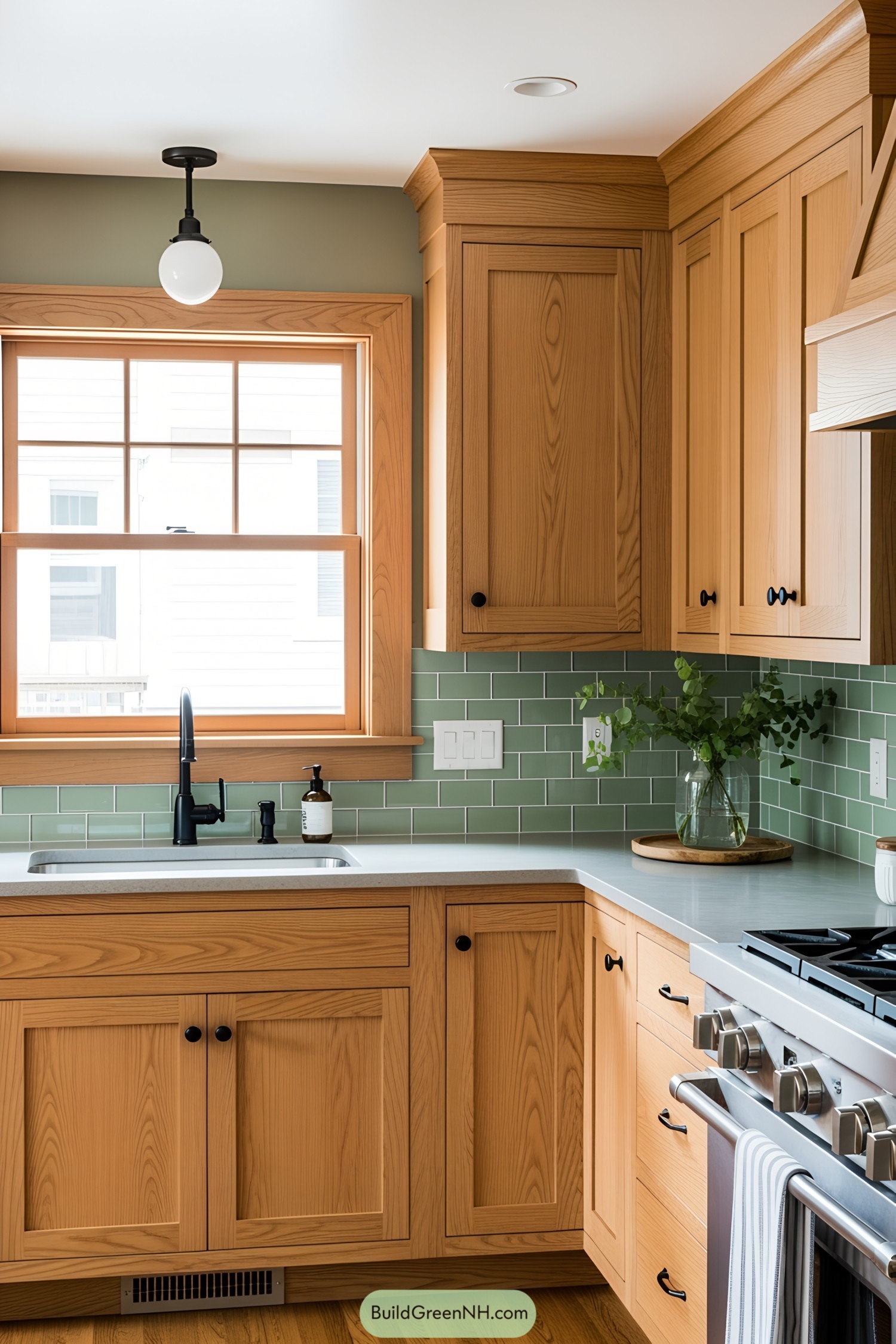 Wooden cabinets and green tile backsplash in a craftsman kitchen