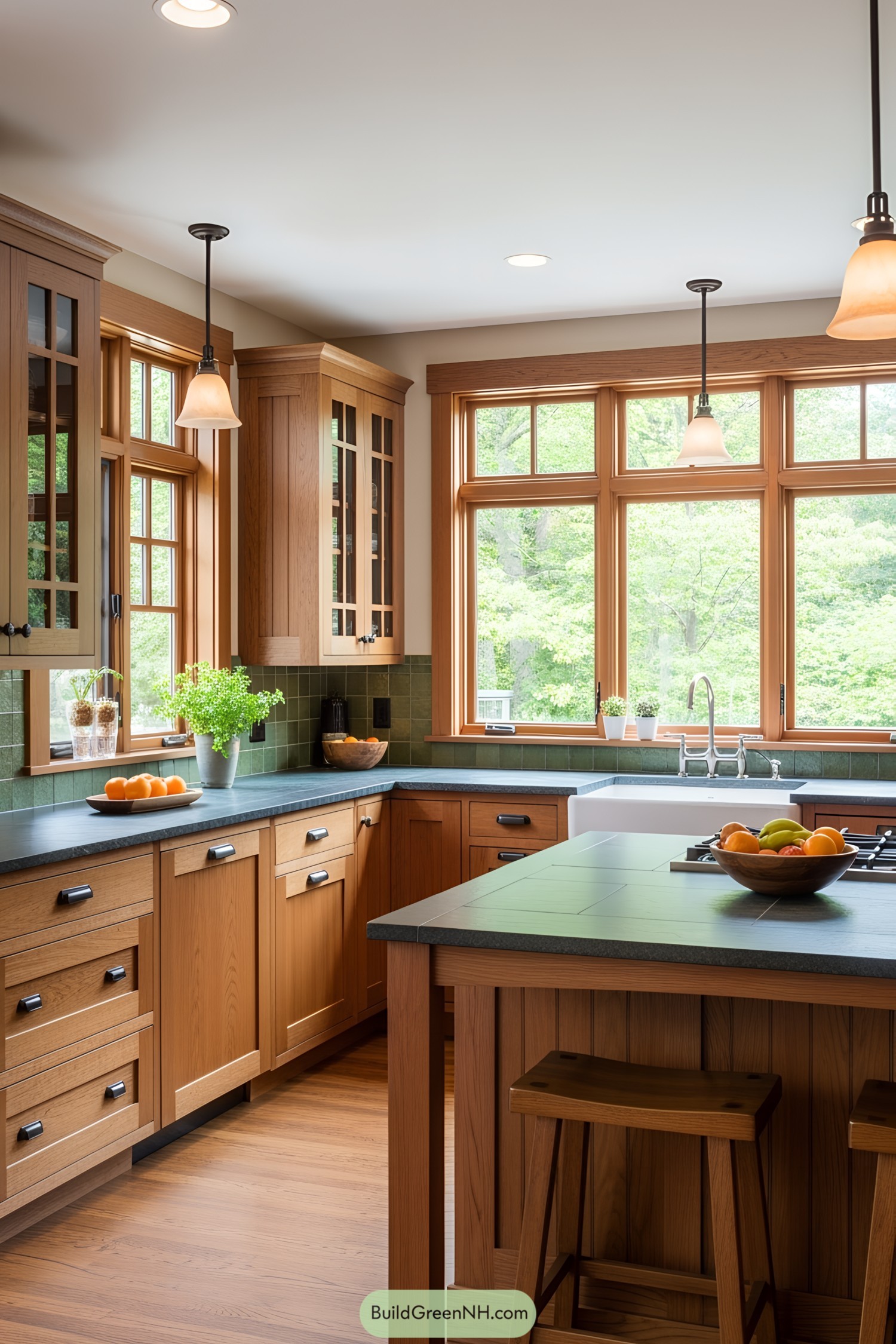 Warm wooden cabinets in sunlit kitchen