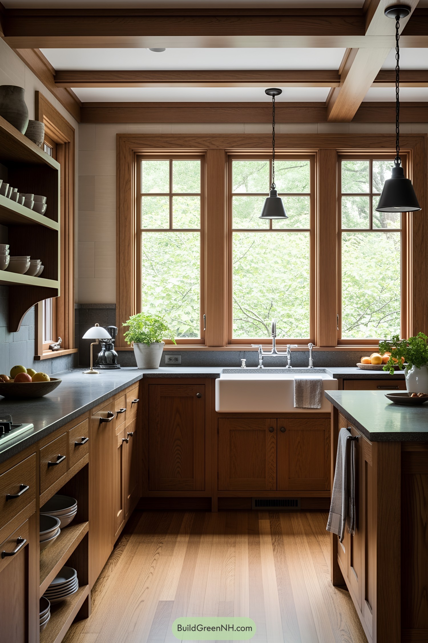 Warm and inviting craftsman kitchen with large windows