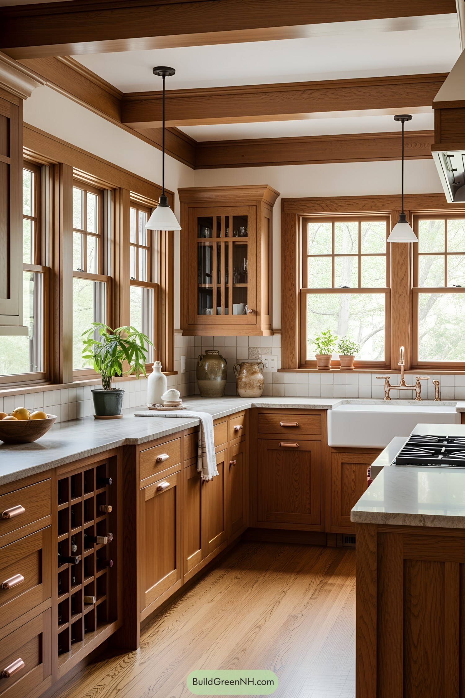 Warm, wood-toned kitchen with large windows