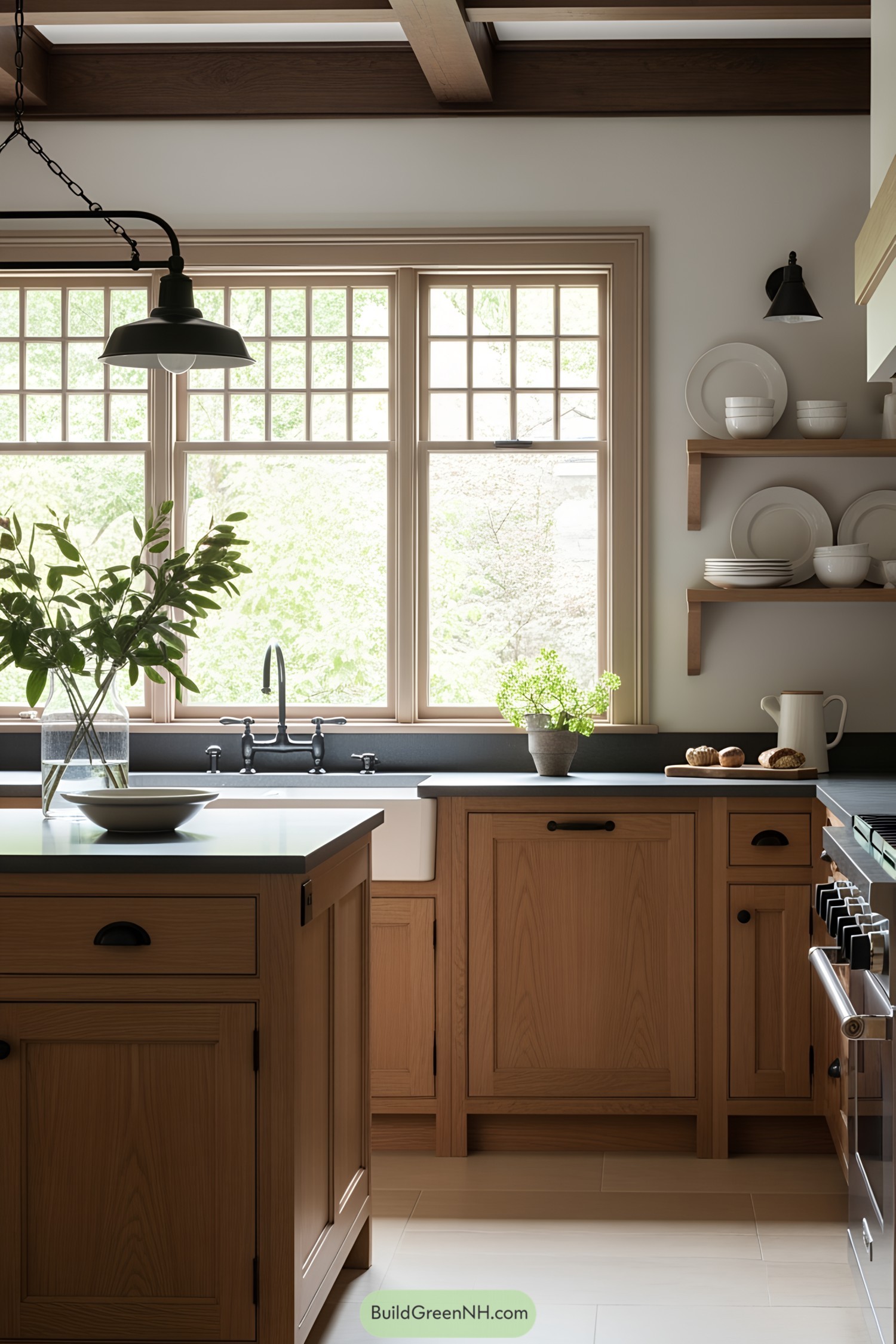 Sunny craftsman kitchen with wood accents and open shelving