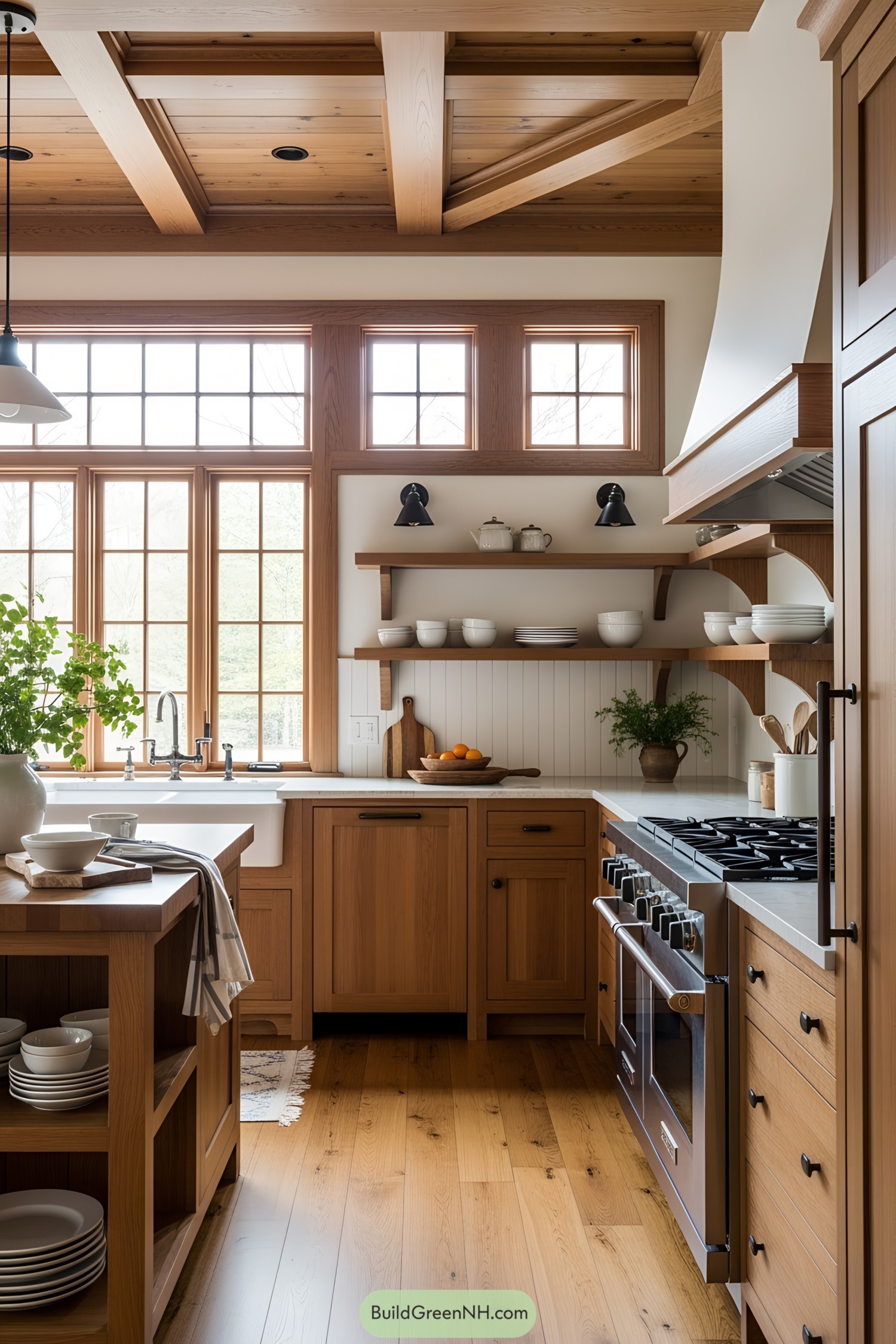 Warm wood cabinetry and sleek countertops in a craftsman kitchen
