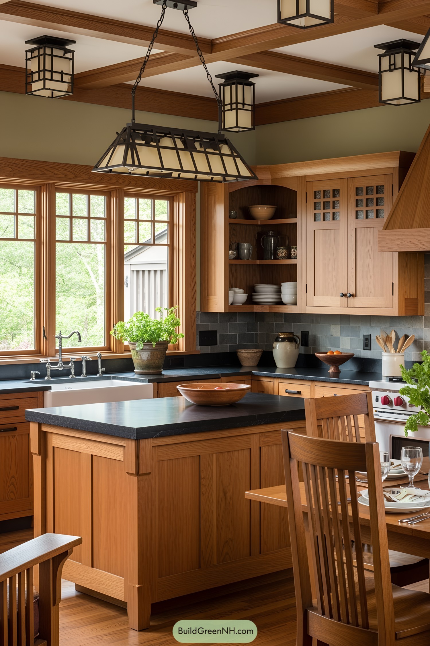 Elegant wooden kitchen interior with large windows and tasteful lighting