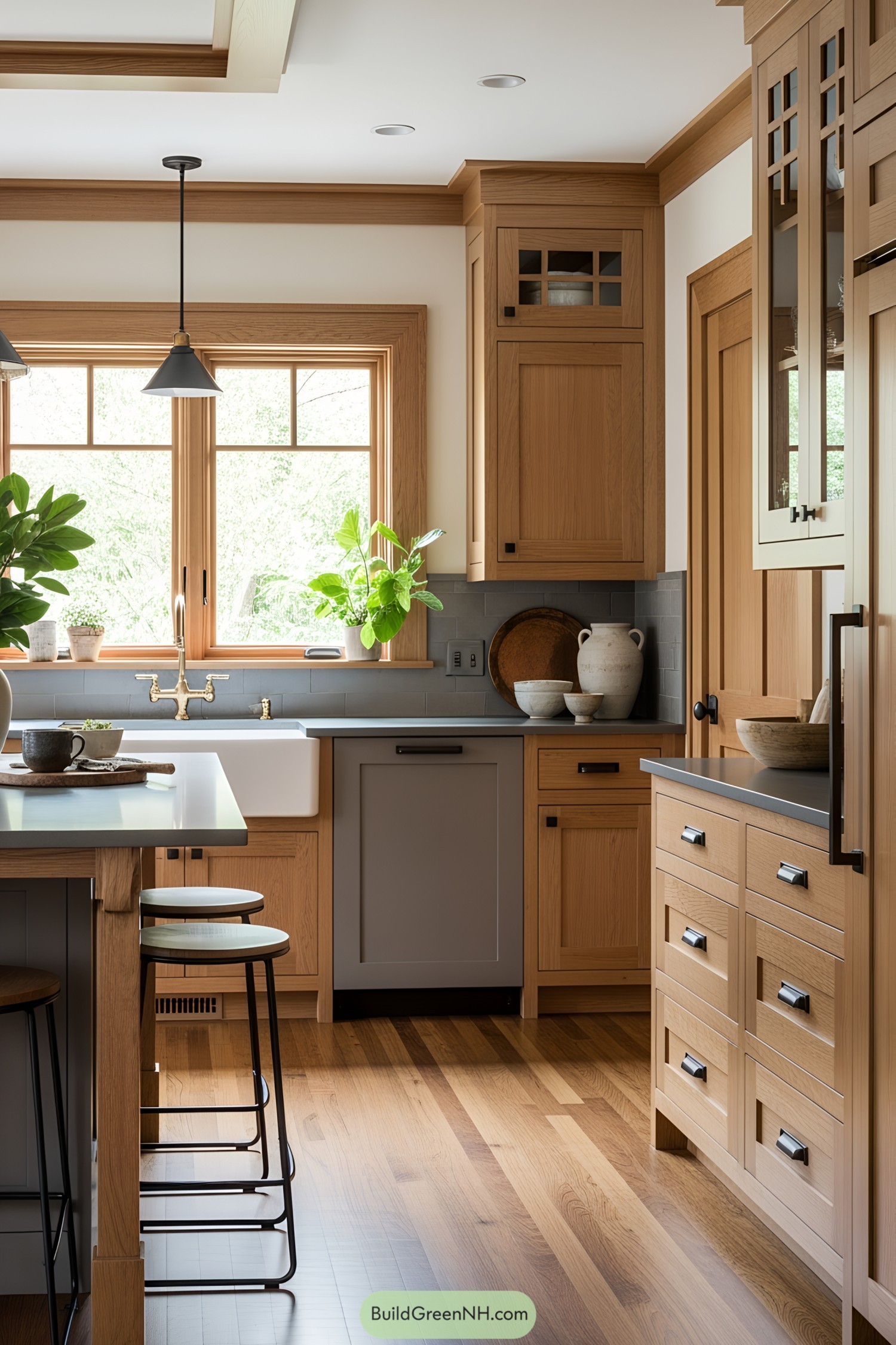 Spacious kitchen with natural wood cabinets and sunlight