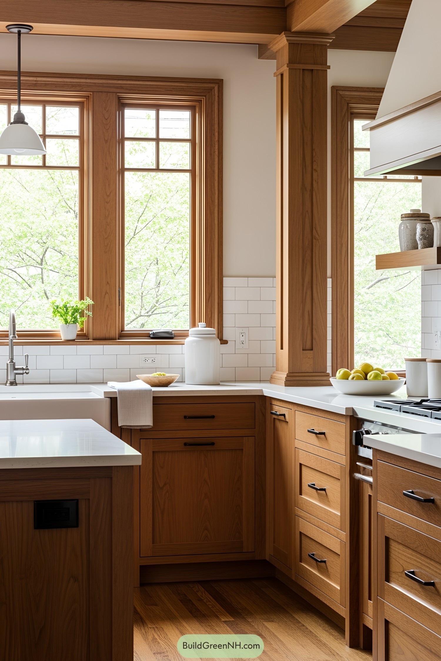 Warm wooden kitchen with large windows