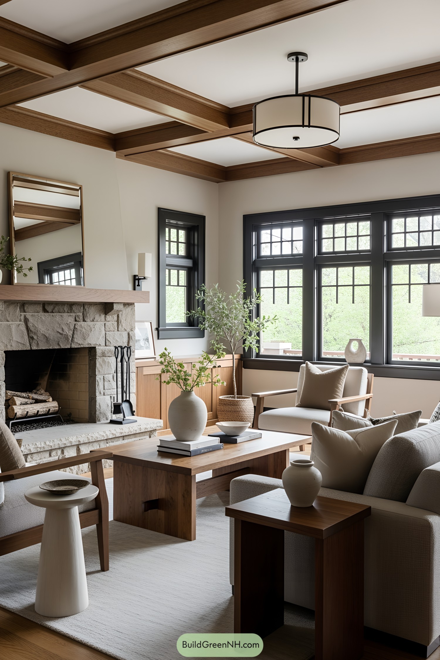 Cozy living room with a stone fireplace, wooden beams, and large windows