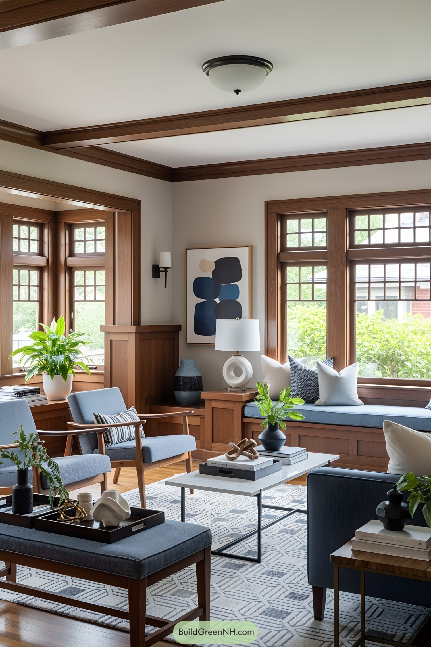 Sunlit craftsman room with wooden accents and blue decor