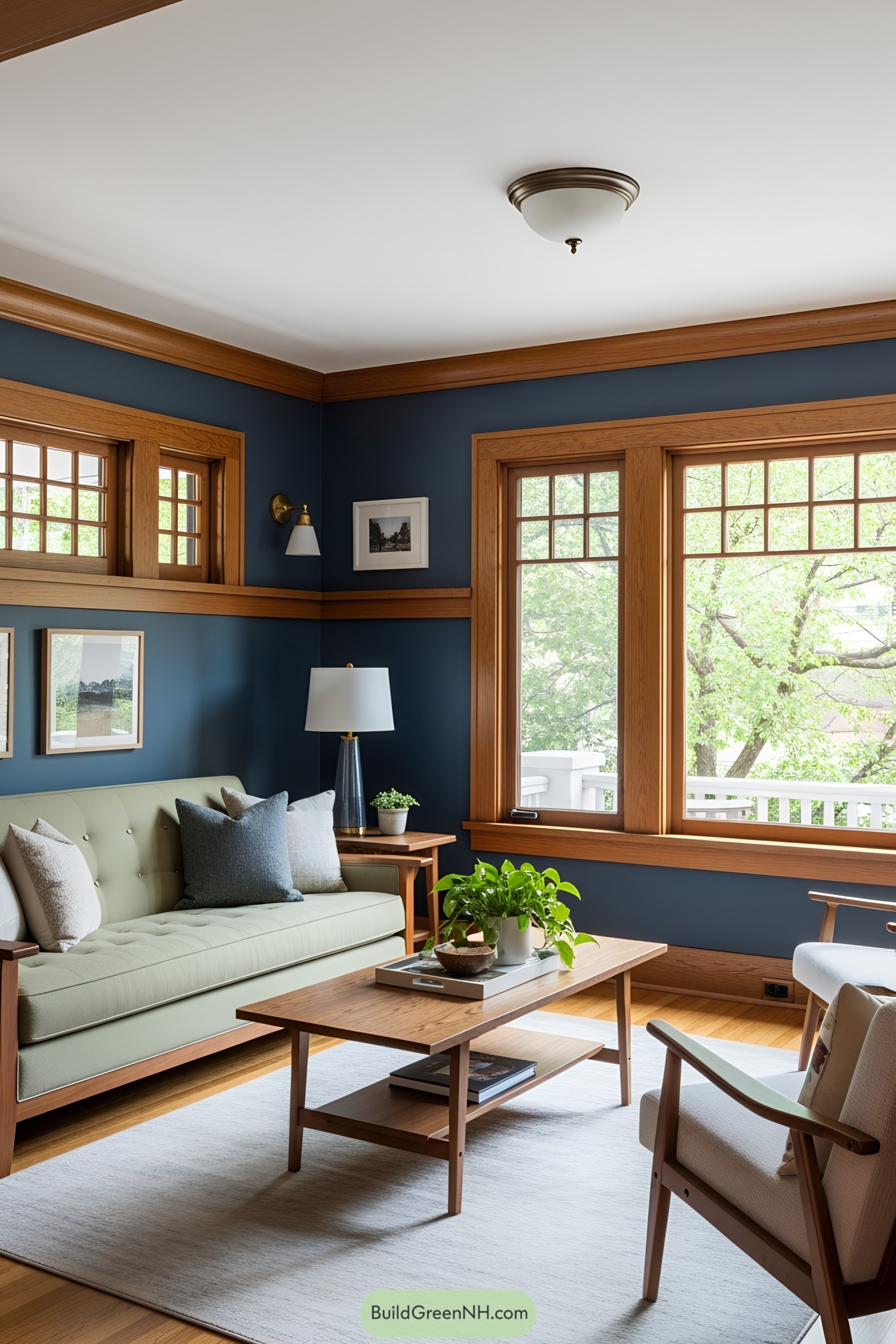 Living room with wood trim and blue walls