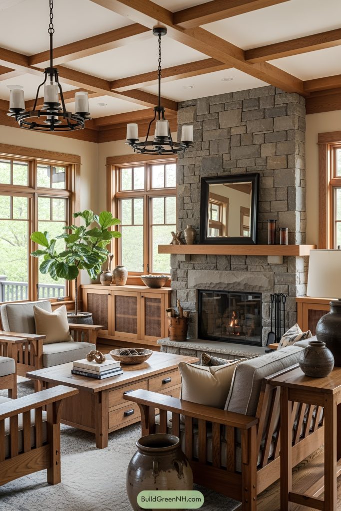 Craftsman Style Living Room interior with a warm and inviting modern aesthetic, blending traditional craftsmanship with contemporary elements. The color palette centers on earthy tones, such as deep greens, rich browns, and creamy neutrals. Architectural details include exposed wood ceiling beams and a prominent stone fireplace as the focal point. Walls may be painted in warm neutrals or accented with natural wood trim. Generous windows framed with wood allow abundant natural light. Floors are typically hardwood, complementing the natural feel, while the ceiling showcases timber beams. Materials emphasize natural wood, stone, and woven textures. Furnishings include mission-style sofas and armchairs with simple lines, a rustic wooden coffee table, and built-in cabinetry. Accessories feature metal lighting fixtures, pottery, and handcrafted decor. A large potted plant adds a touch of greenery, enhancing the organic ambiance. If visible, the view through the window opens to lush greenery or a serene outdoor setting.