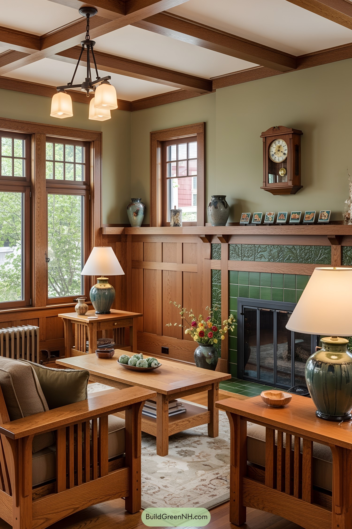 Warm craftsman-style room with wooden furniture and green accents