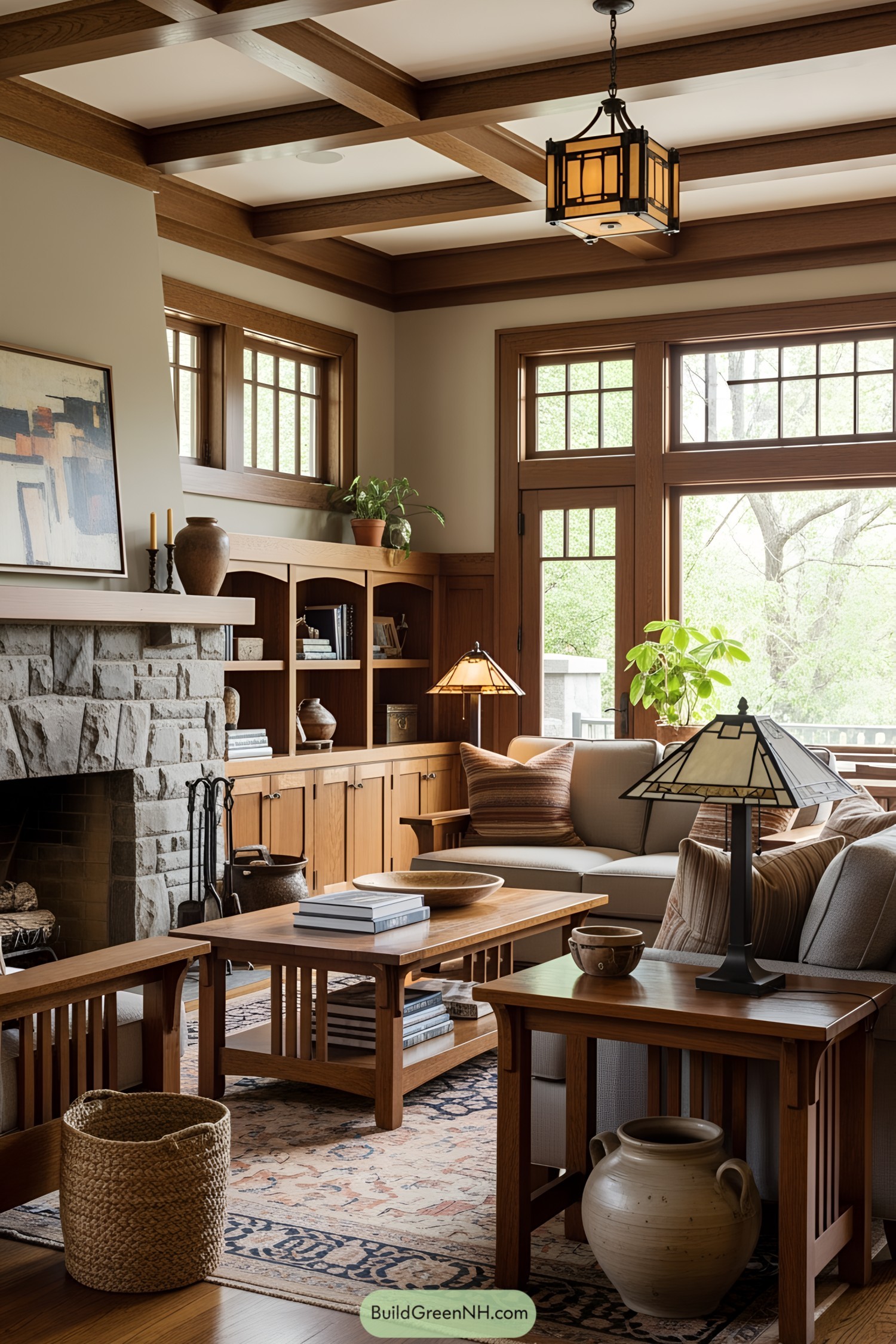 Bright craftsman living room with stone fireplace
