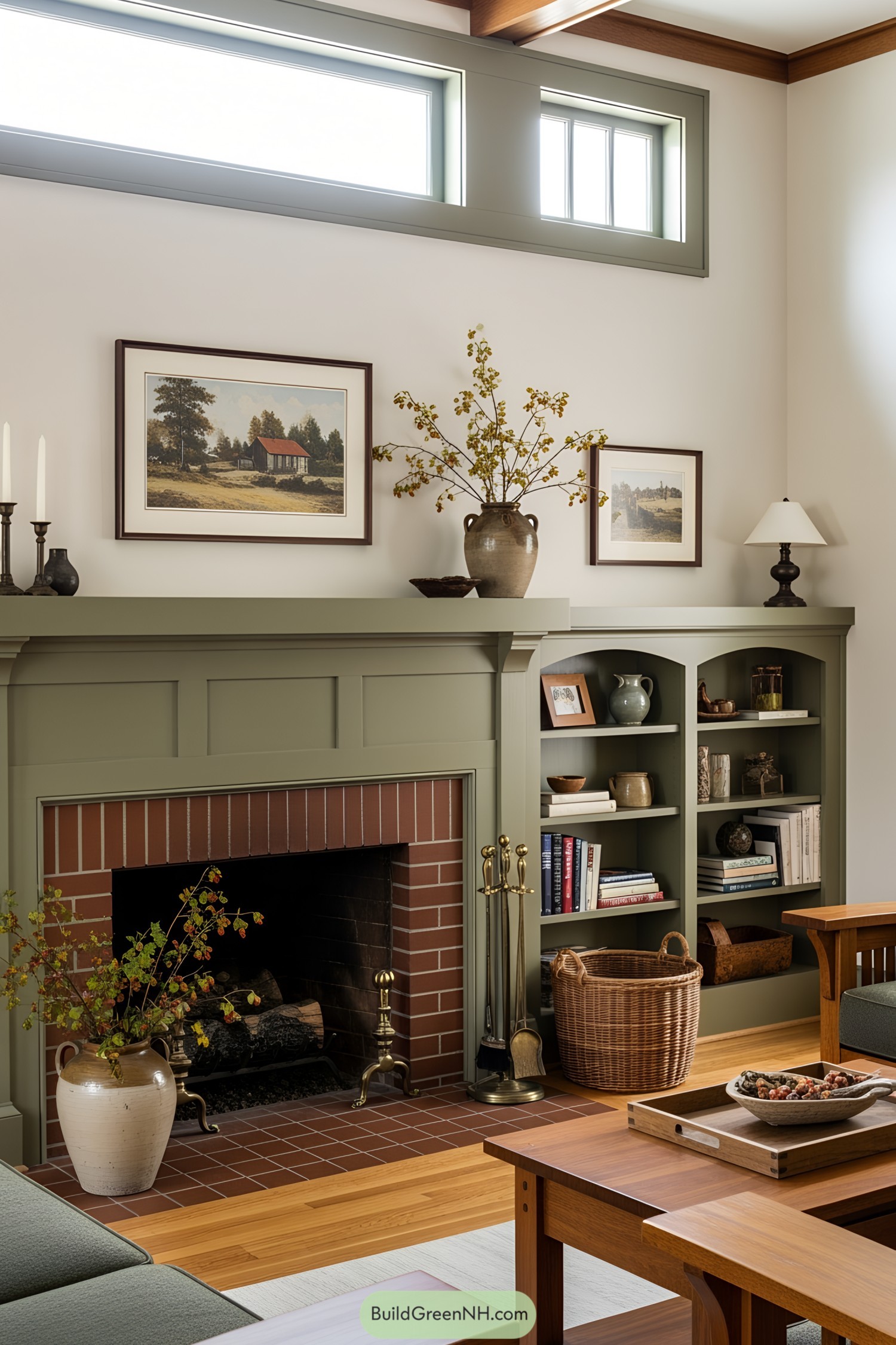 Modern craftsman living room with a cozy fireplace and decorative elements