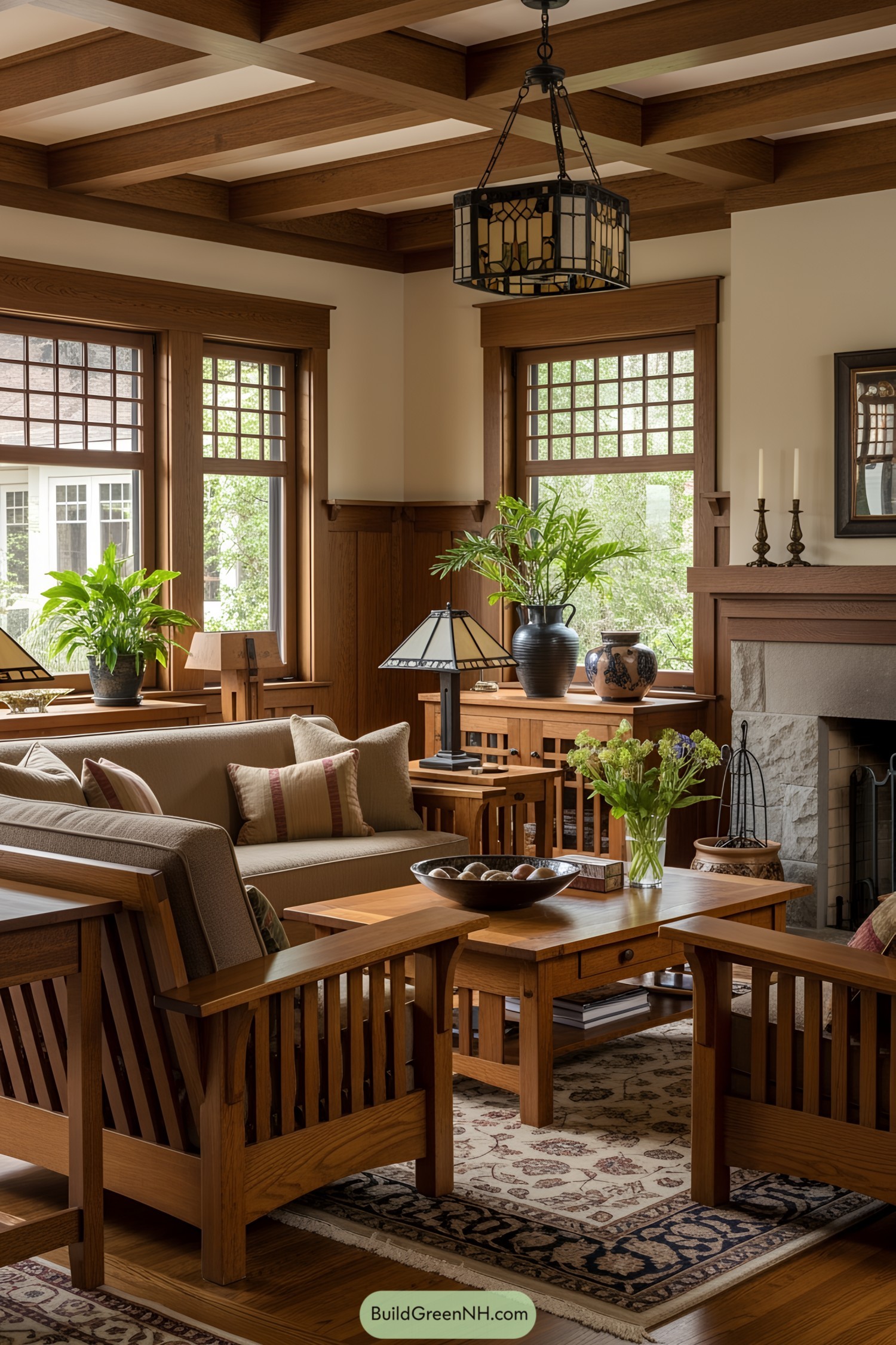 Wood-paneled living room with classic craftsman decor