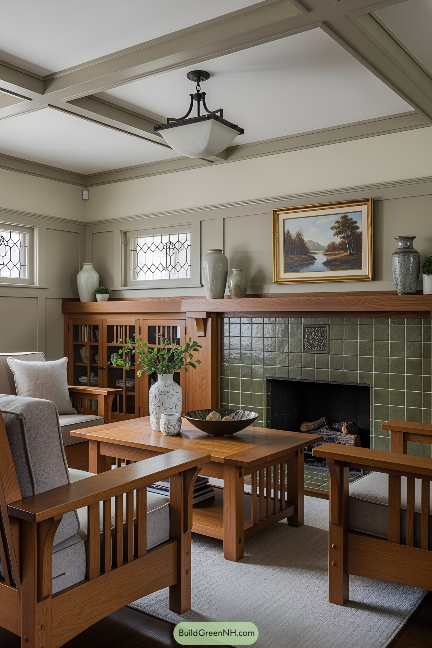 Living room with wood furniture and green-tiled fireplace