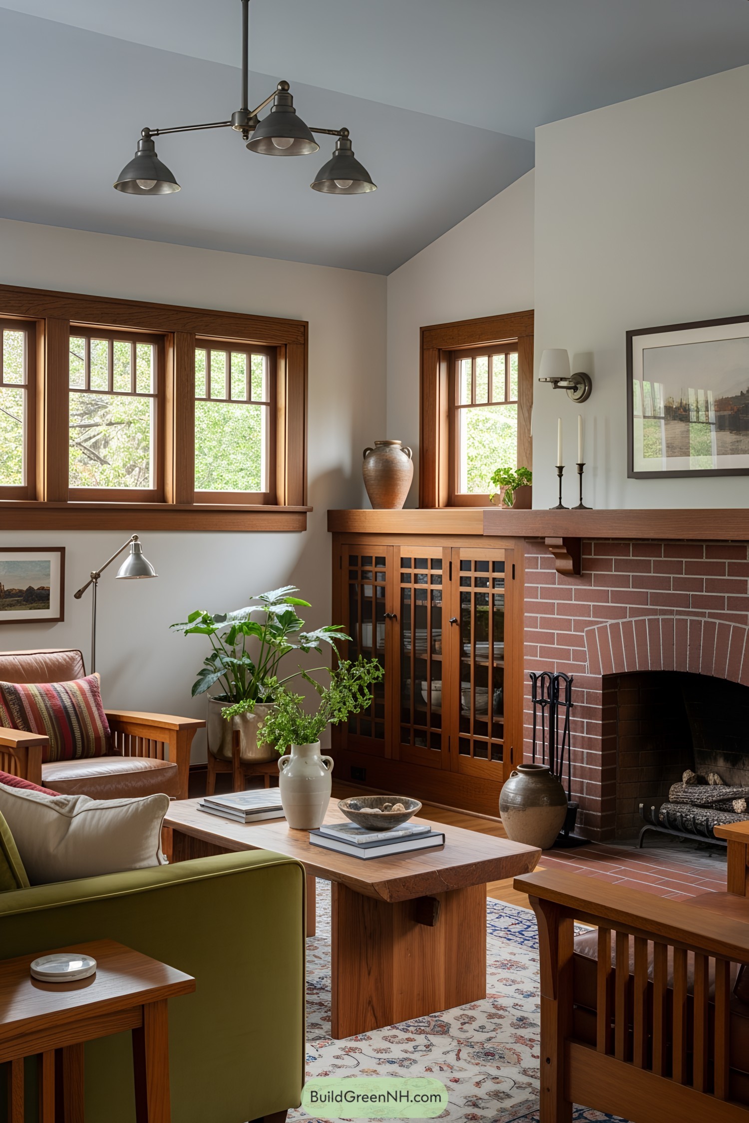 Warm and inviting craftsman living room with brick fireplace and wooden furniture